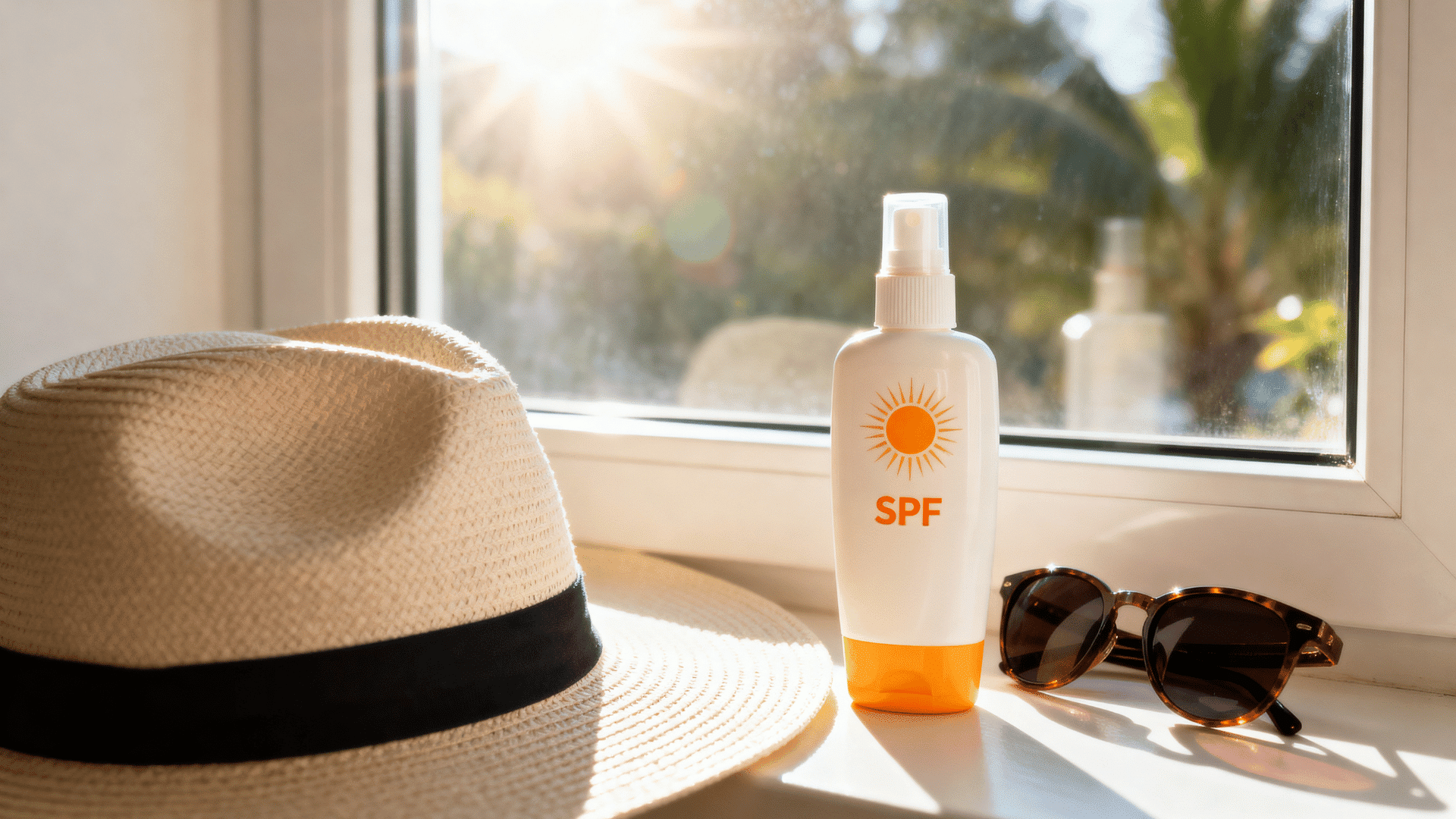 Sunscreen bottle placed near a sunny window with summer accessories, highlighting the importance of daily sun protection.