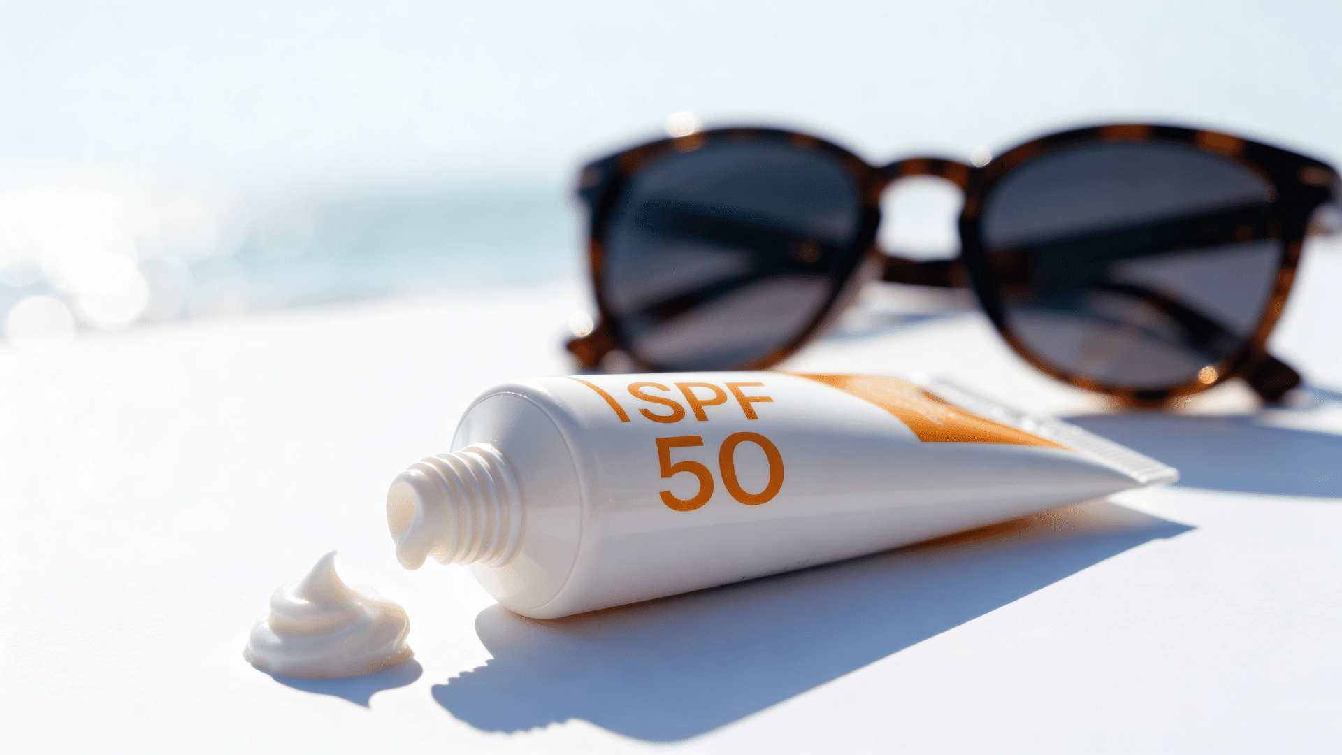 broad-spectrum sunscreen tube with a small amount of sunscreen cream on a bright surface in natural light.