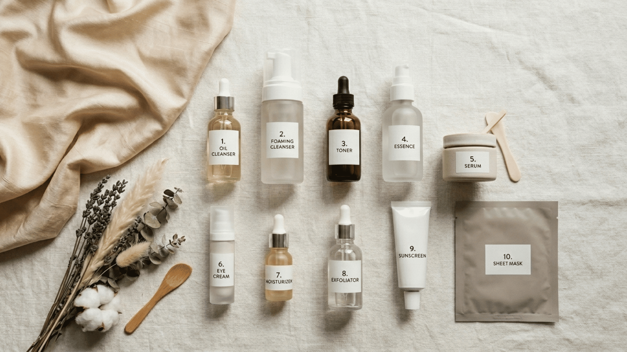 A skincare kit showing the ten products needed for korean skincare routine