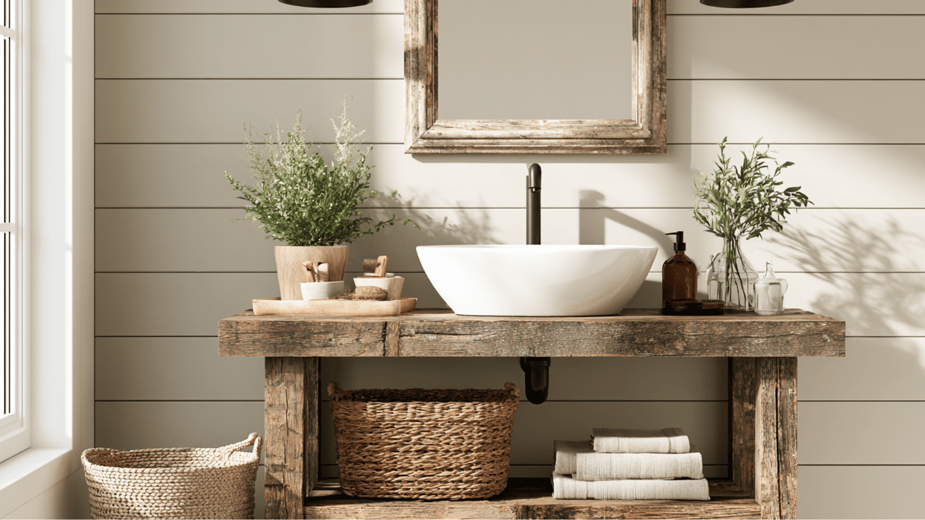 rustic farmhouse bathroom with vessel sink wood vanity and vintage mirror creating timeless charm