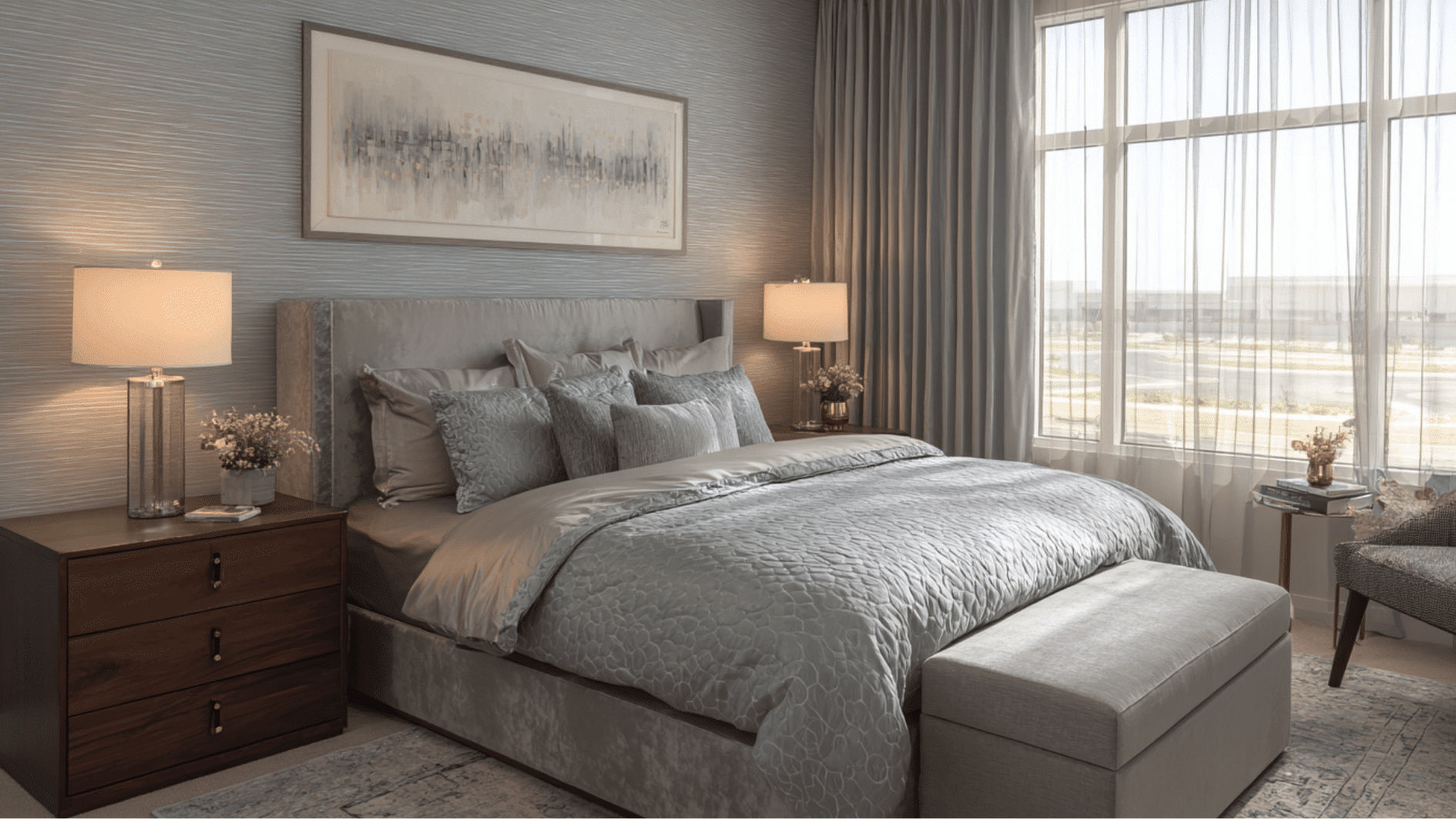 luxury bedroom with matching designer nightstands and stylish bedside storage