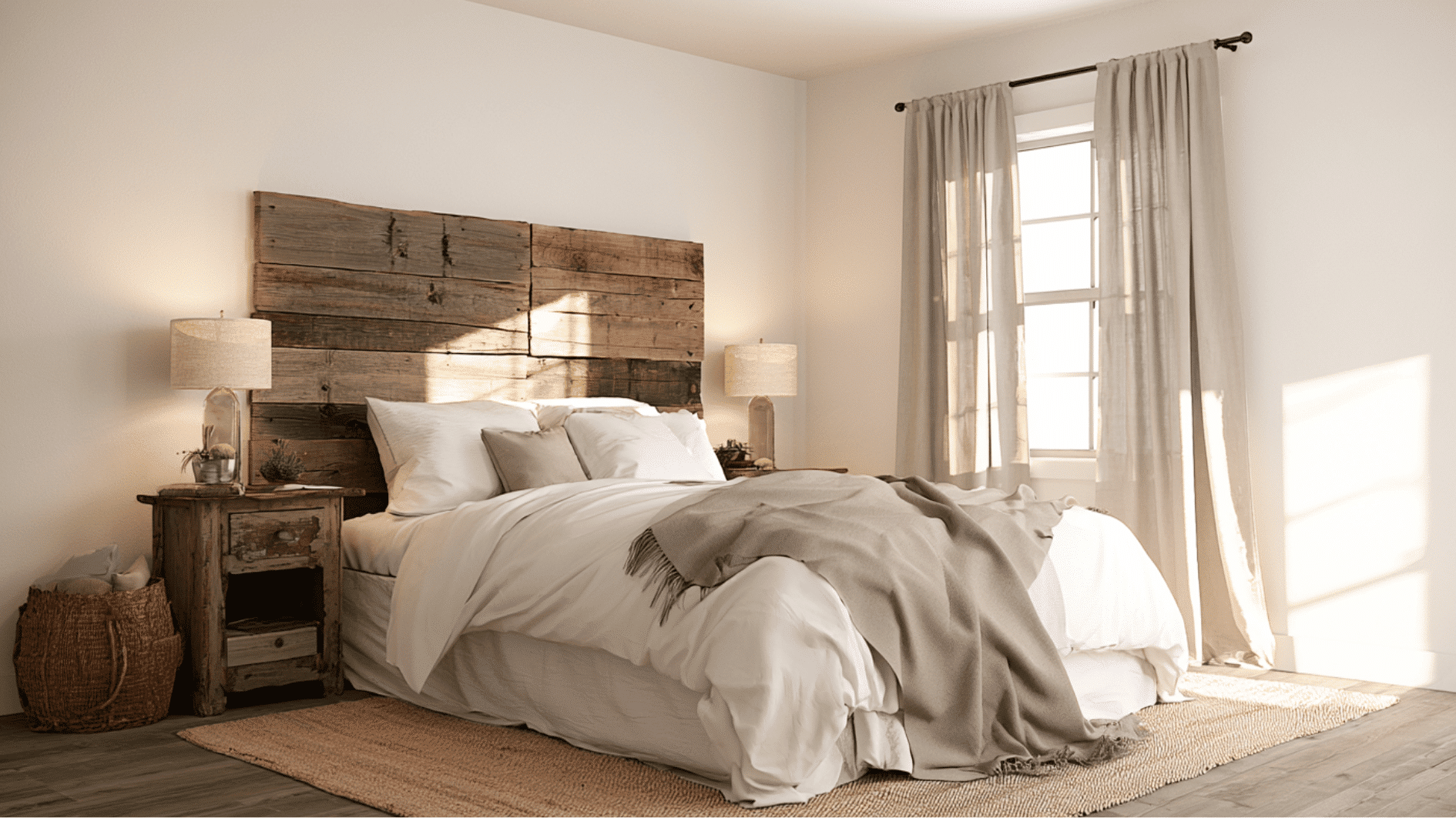 farmhouse bedroom with reclaimed wood headboard, neutral bedding, and warm rustic details throughout