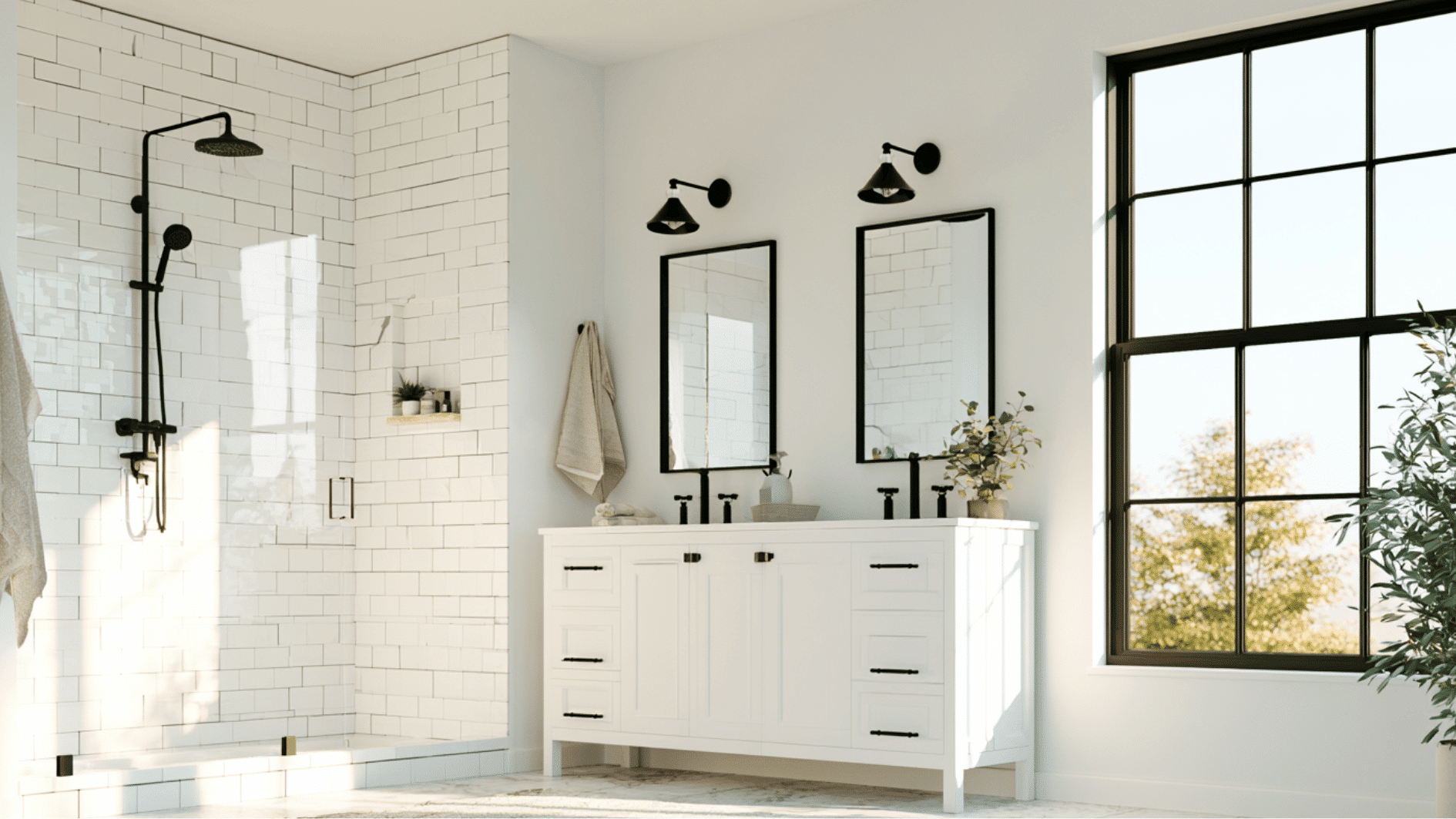 farmhouse bathroom with matte black fixtures, wood vanity, and clean modern rustic styling elements