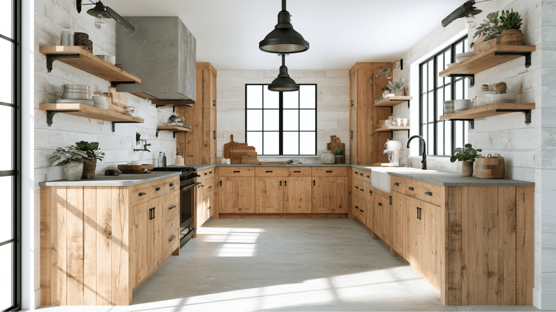 black metal accents creating contrast in a rustic farmhouse kitchen with wood finishes