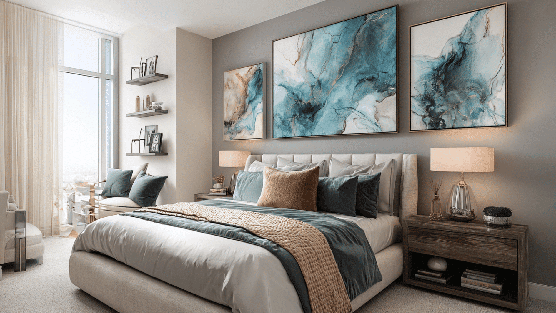luxury bedroom with oversized designer artwork as a stylish focal point