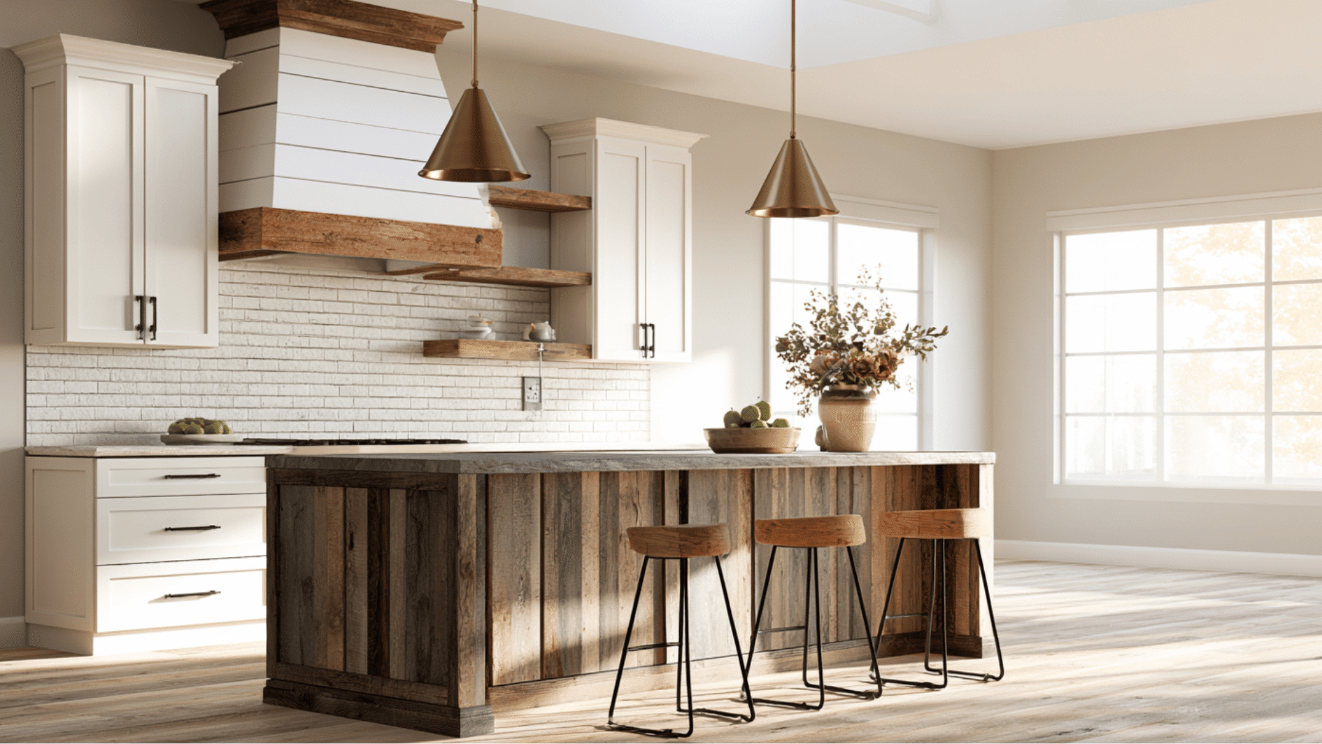 farmhouse kitchen with large wood island, brass pendant lights, and bright modern rustic interior design