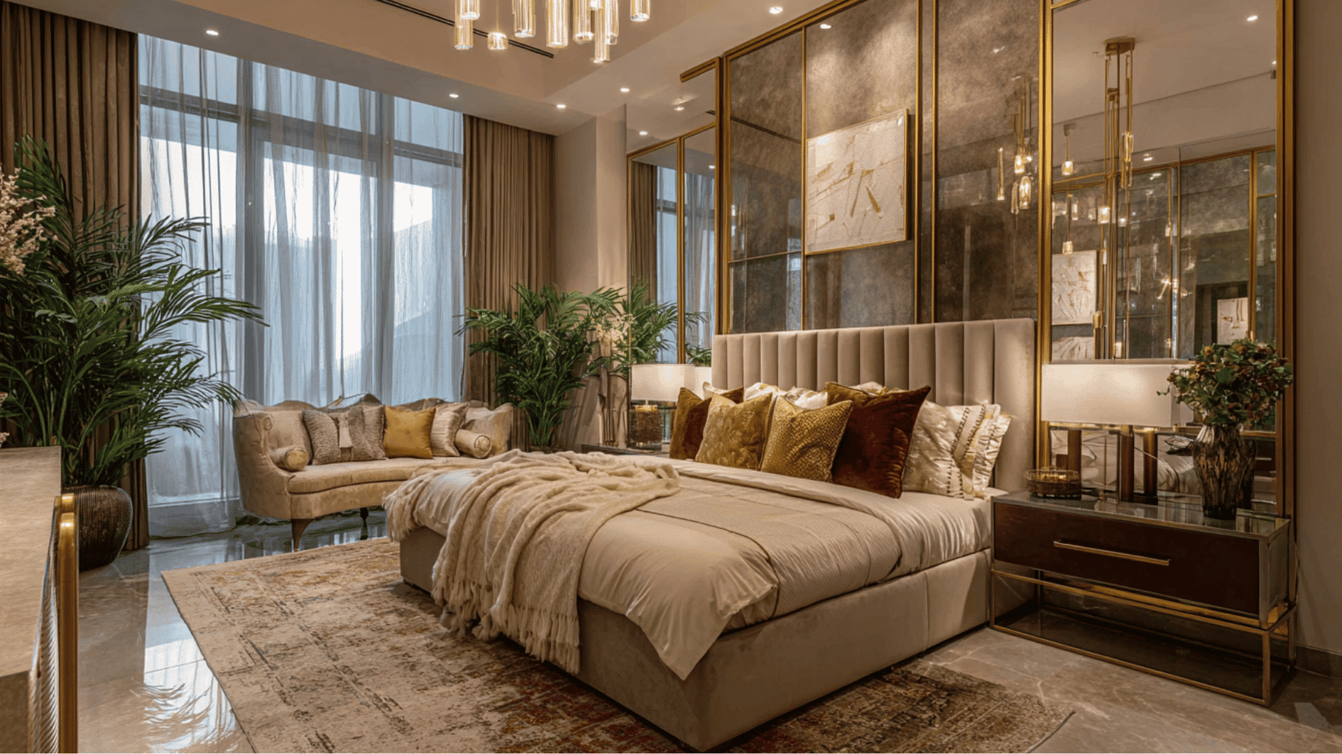 luxury bedroom with oversized mirrors creating a bright and spacious atmosphere