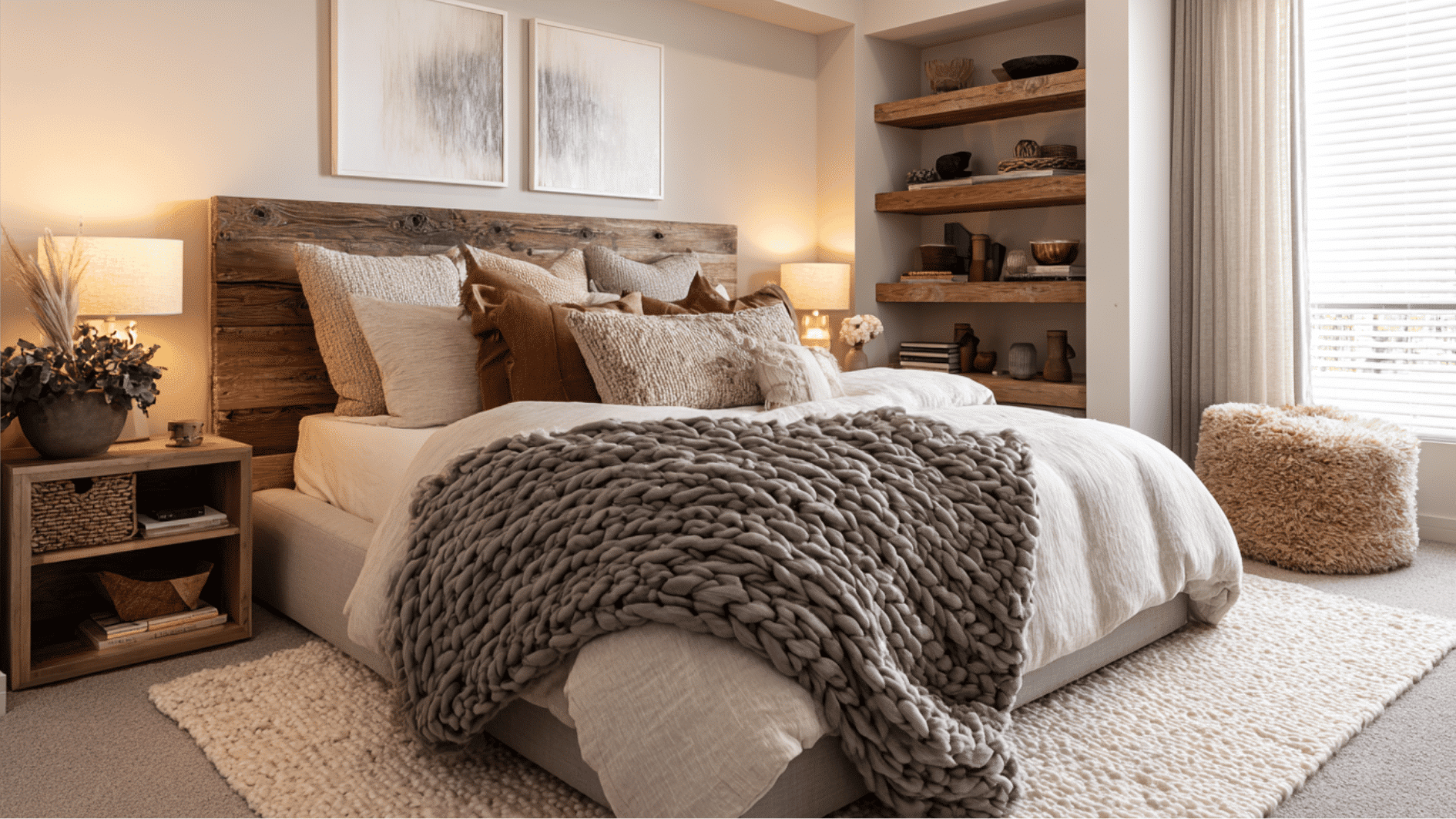 luxury bedroom layered with textured fabrics, knit throws, soft bedding, and warm rustic decor elements