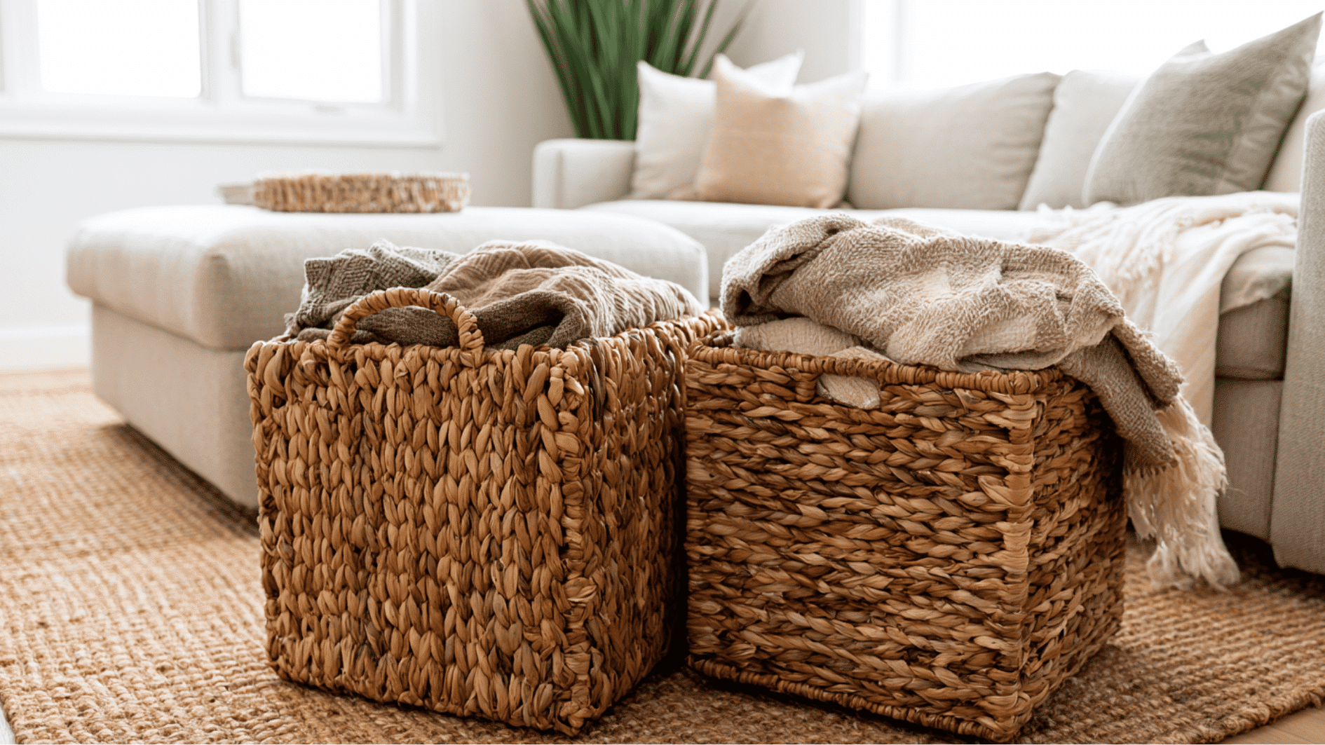 woven storage baskets adding organization and texture to a rustic farmhouse living room