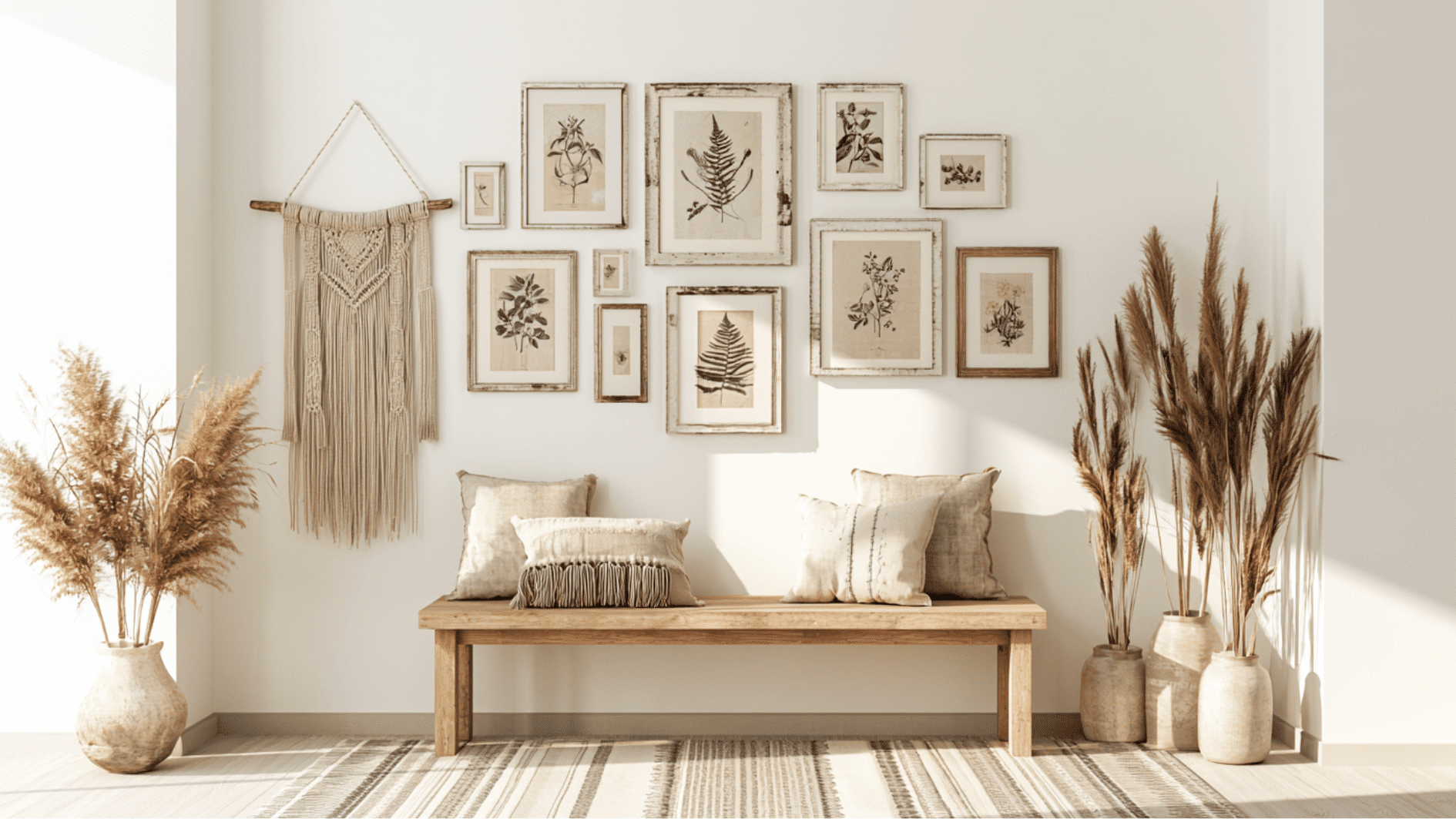 vintage farmhouse wall art above a wooden bench with neutral decor and dried grasses in an airy entryway