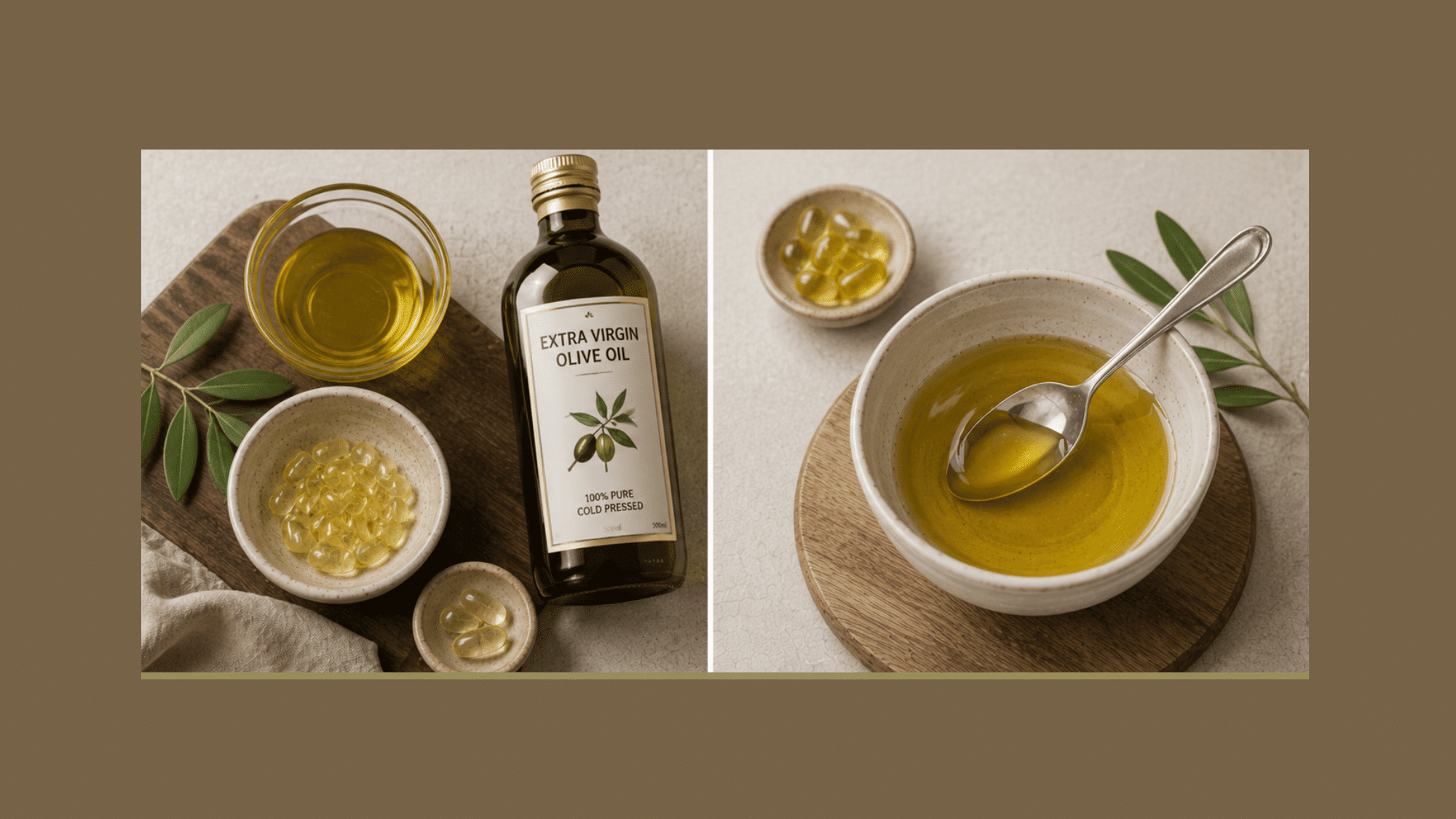 a collage of a homemade hairmask made of olive oil and vitamin e