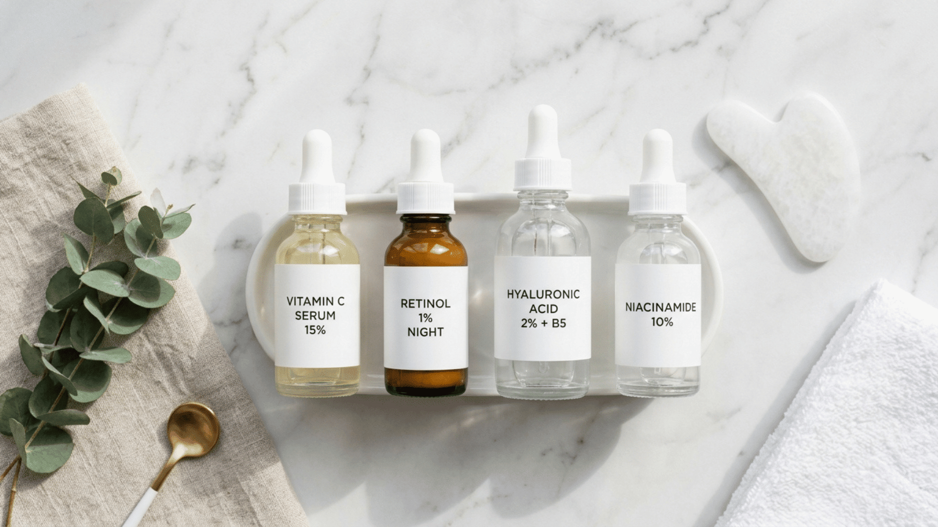 anti-aging skincare products containing retinol, vitamin C, hyaluronic acid, and niacinamide arranged on a countertop