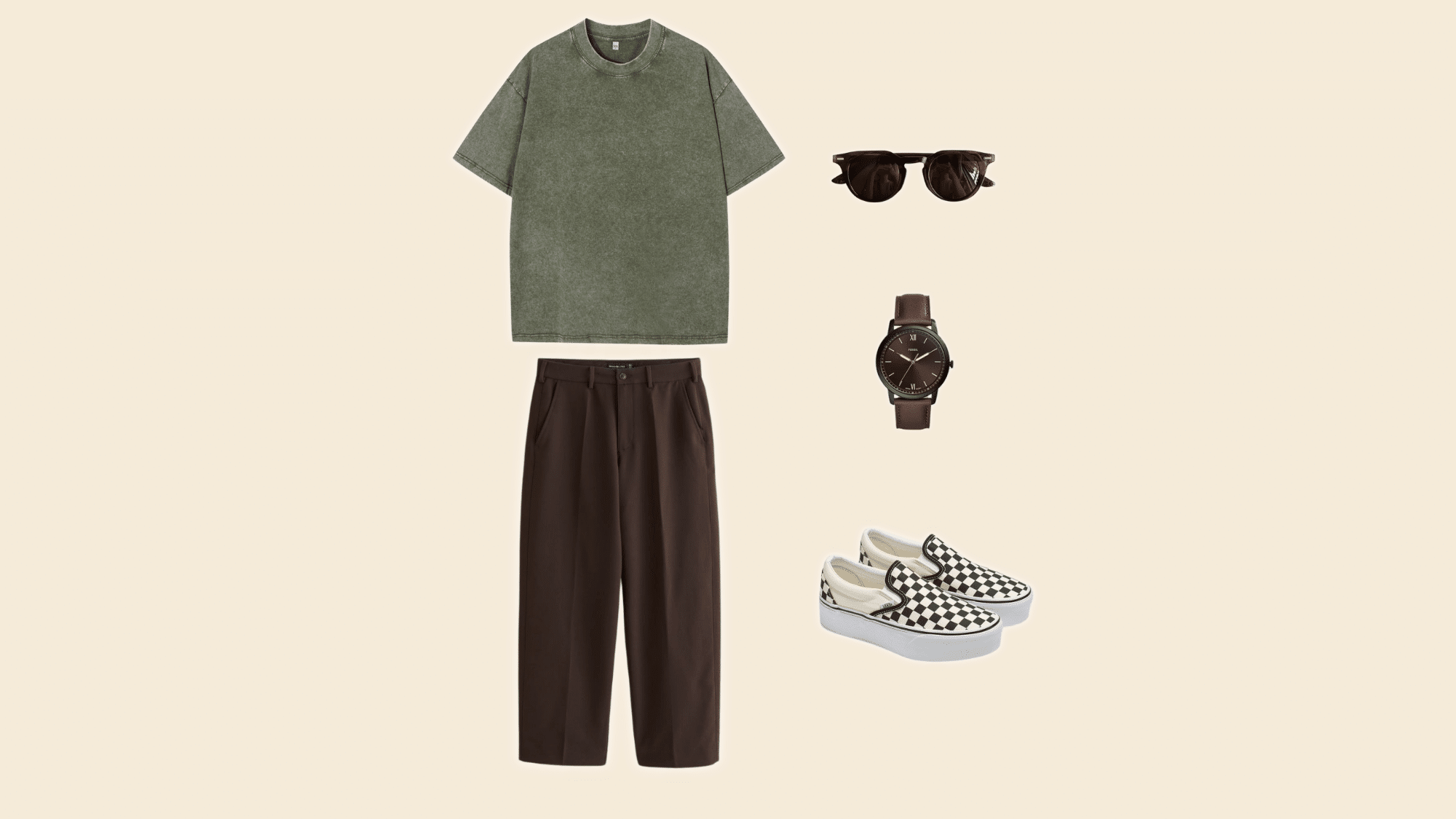 basic t-shirt with clean fit brown pants and low-profile sneakers
