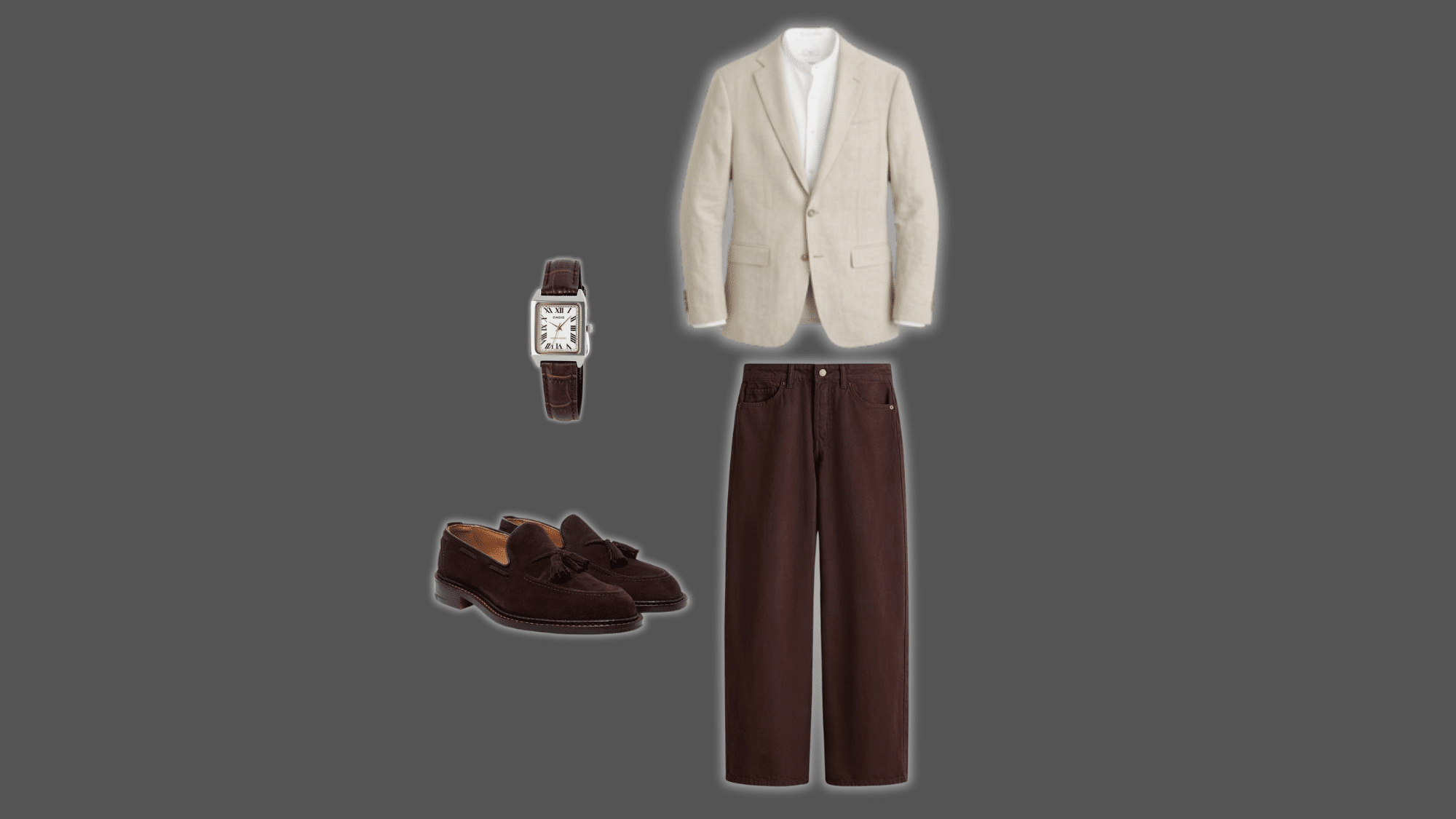 beige blazer over white shirt with regular brown pants and tan leather shoes