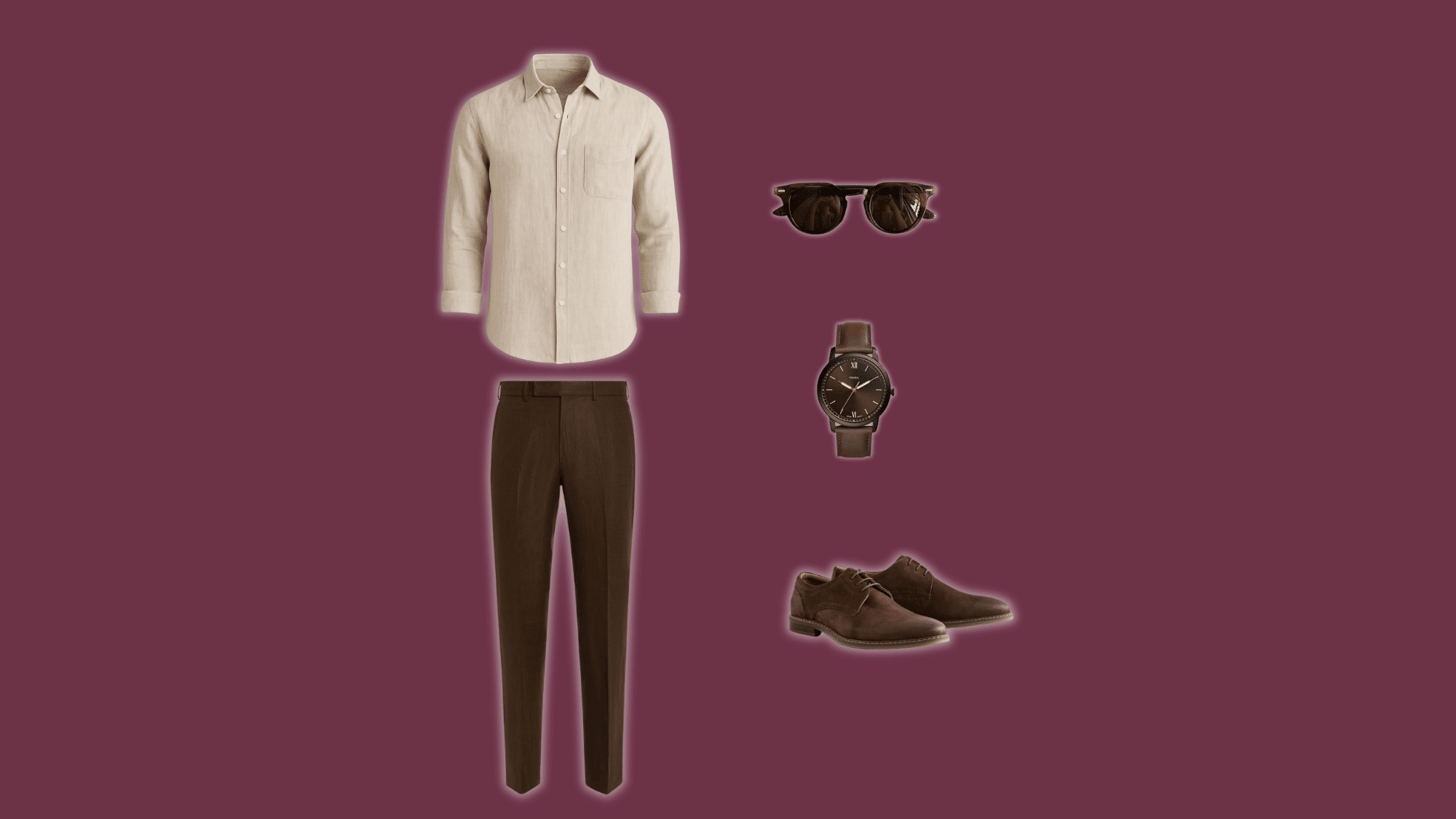 beige button-down shirt with tailored brown pants and derby shoes on taupe textured wall