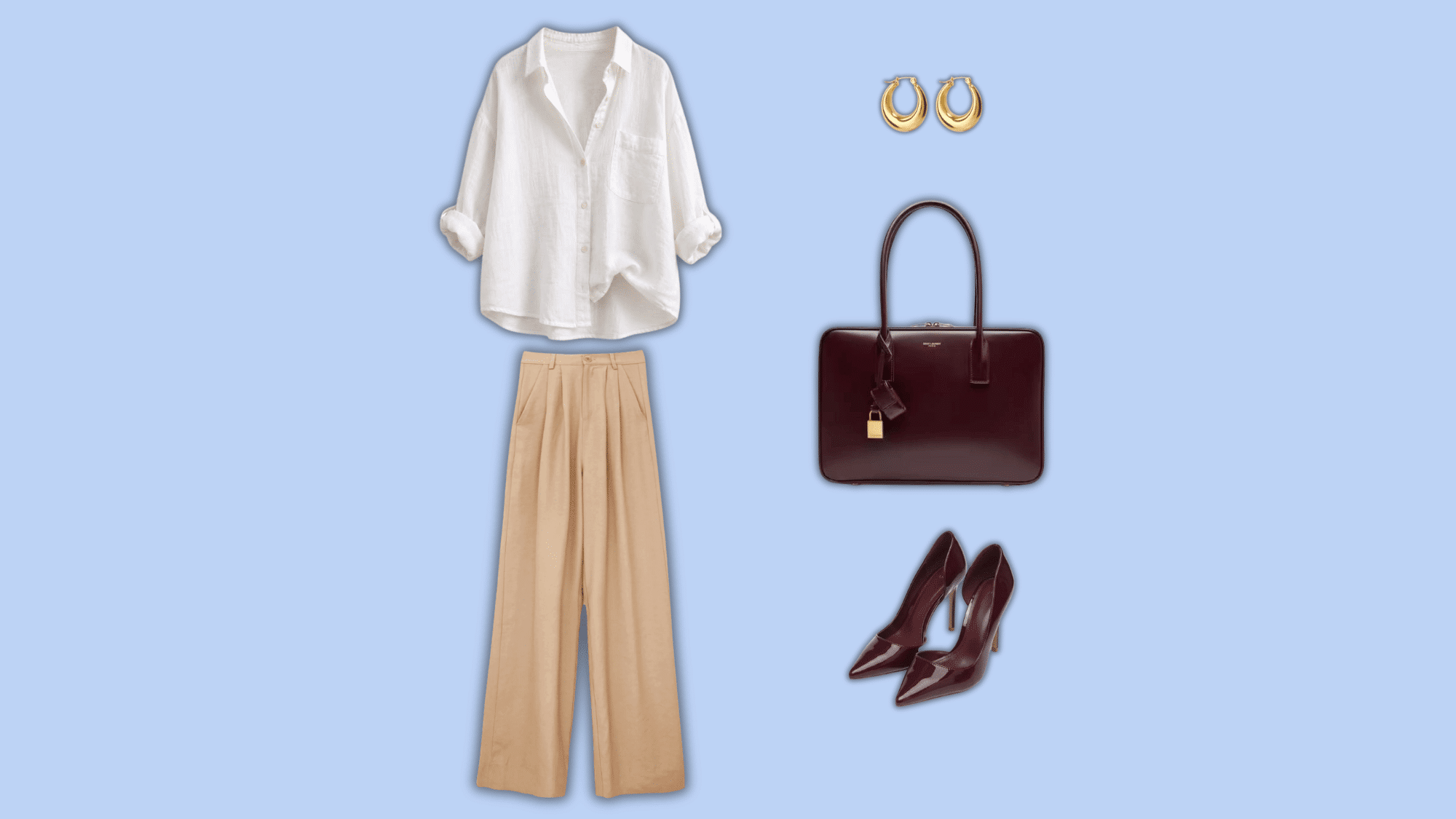 beige linen pants with white shirt and burgundy accessories