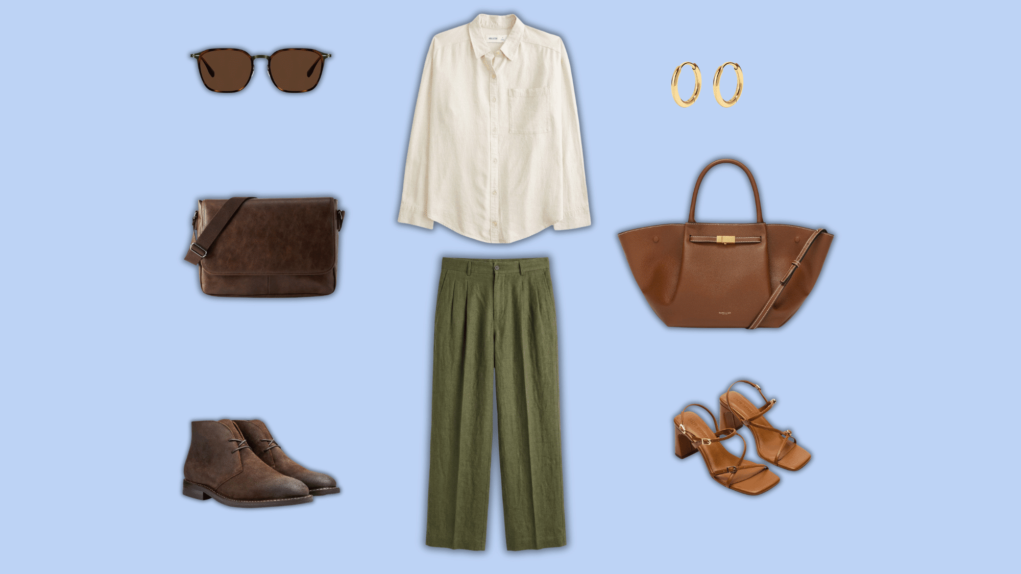 beige linen shirt olive trousers with warm woven accessories