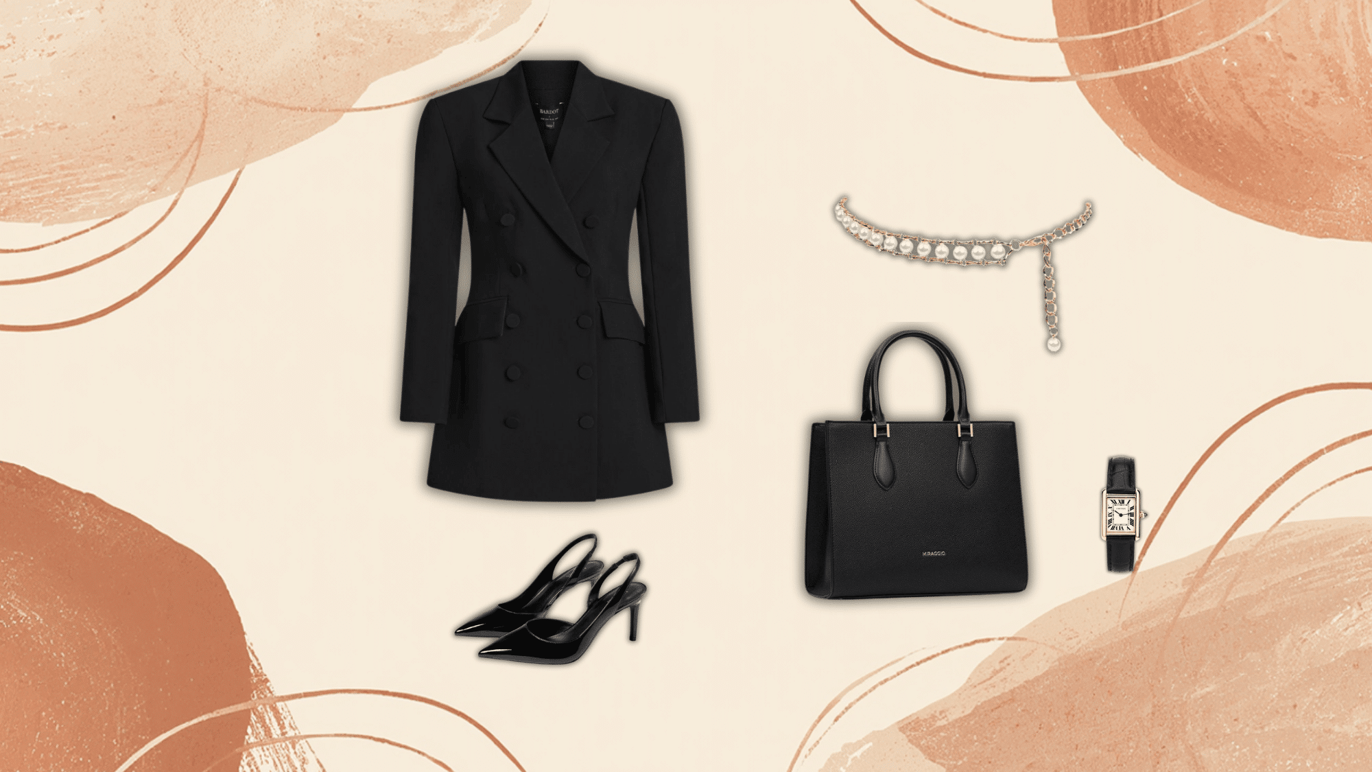 black blazer dress with pearl chain belt styled in luxury editorial high fashion aesthetic look vibe