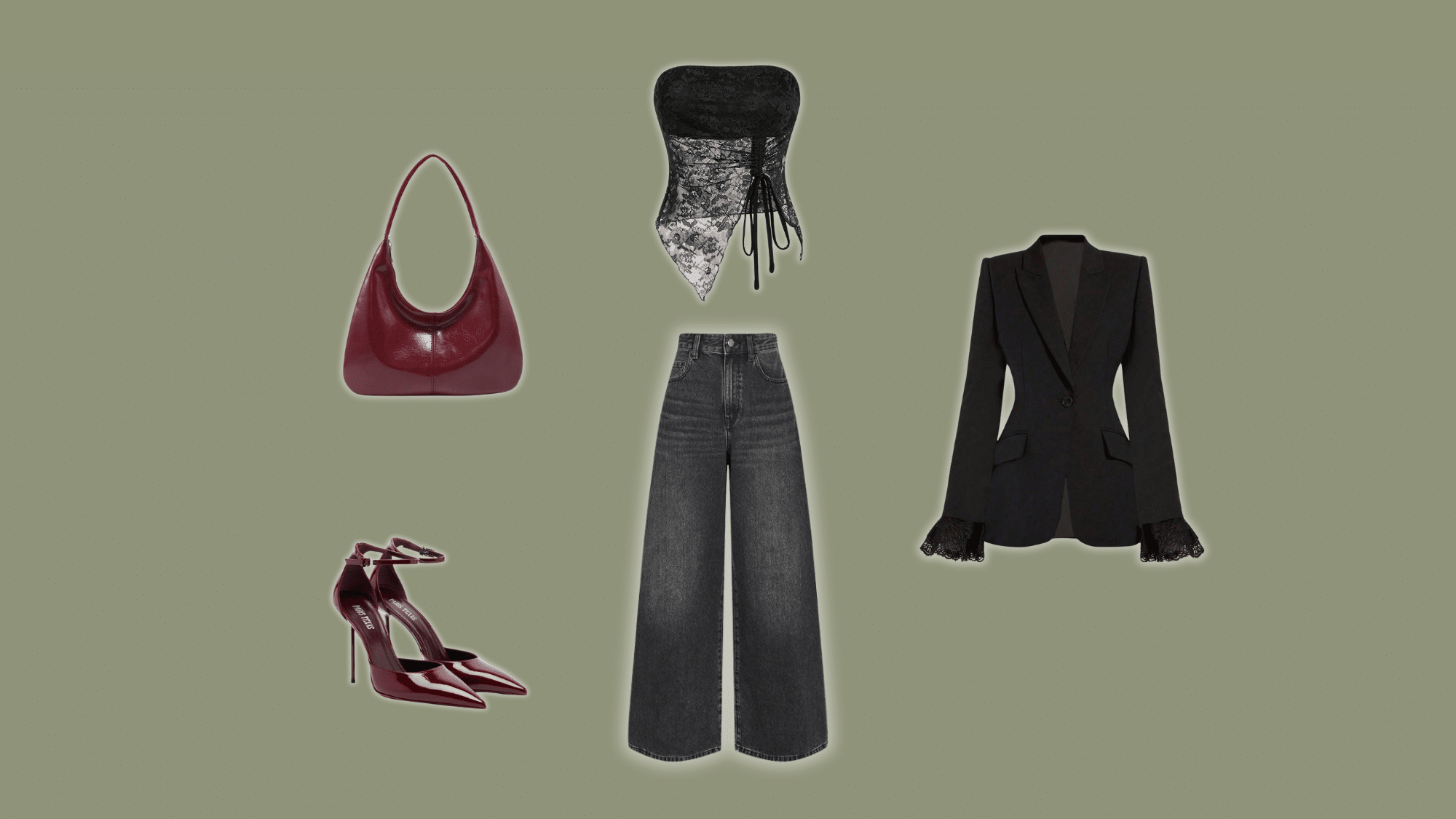 black blazer with dark denim and burgundy accessories