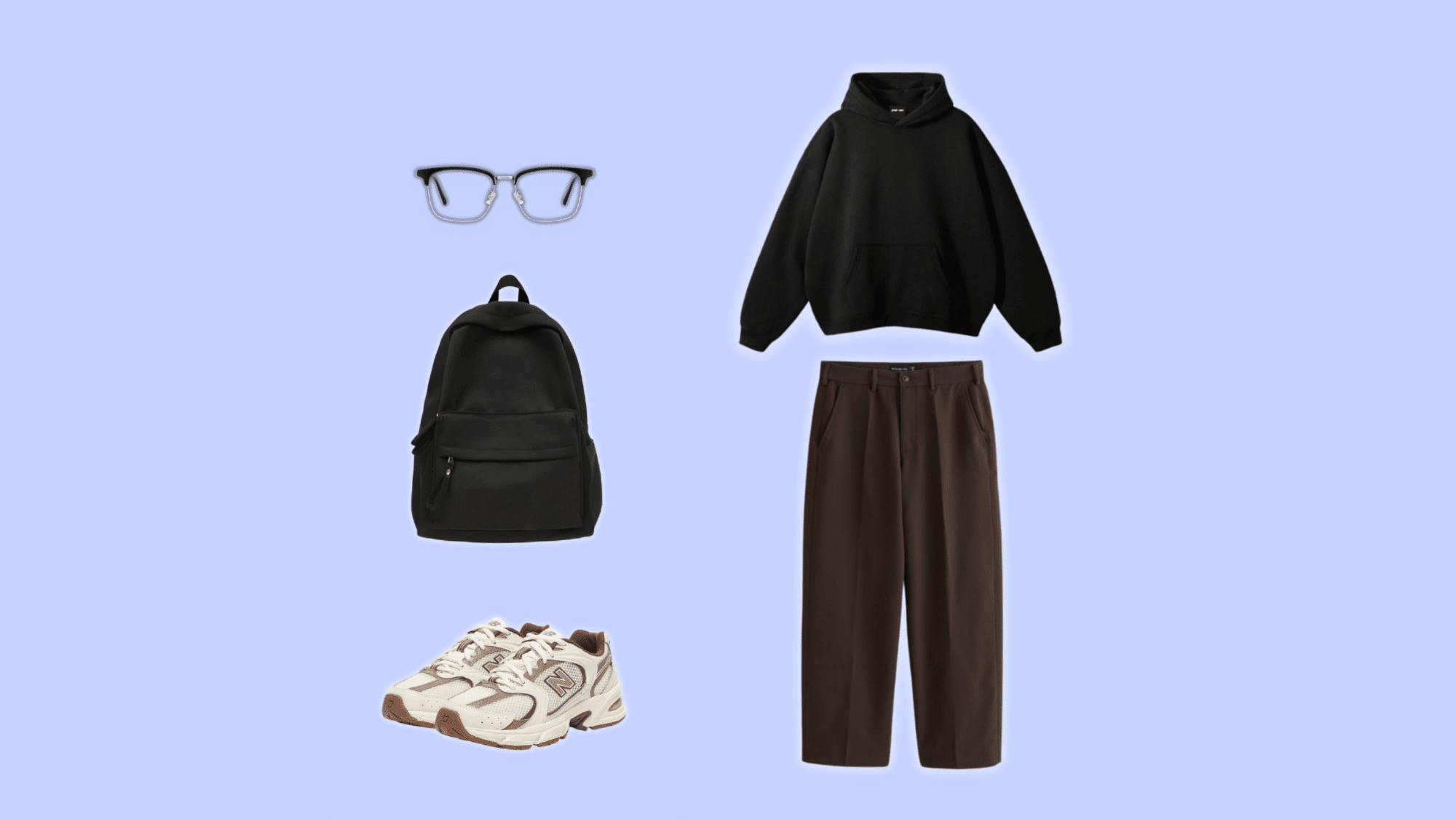 grey hoodie layered over relaxed brown pants with chunky sneakers on muted urban wall
