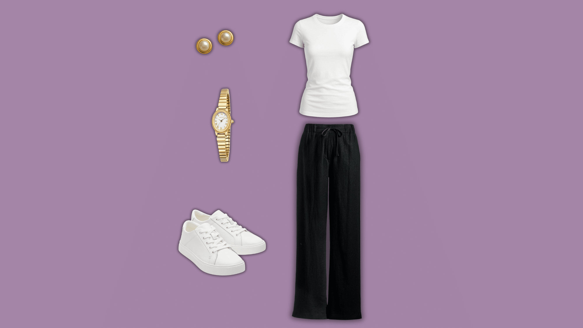 black linen pants with white tee and sneakers