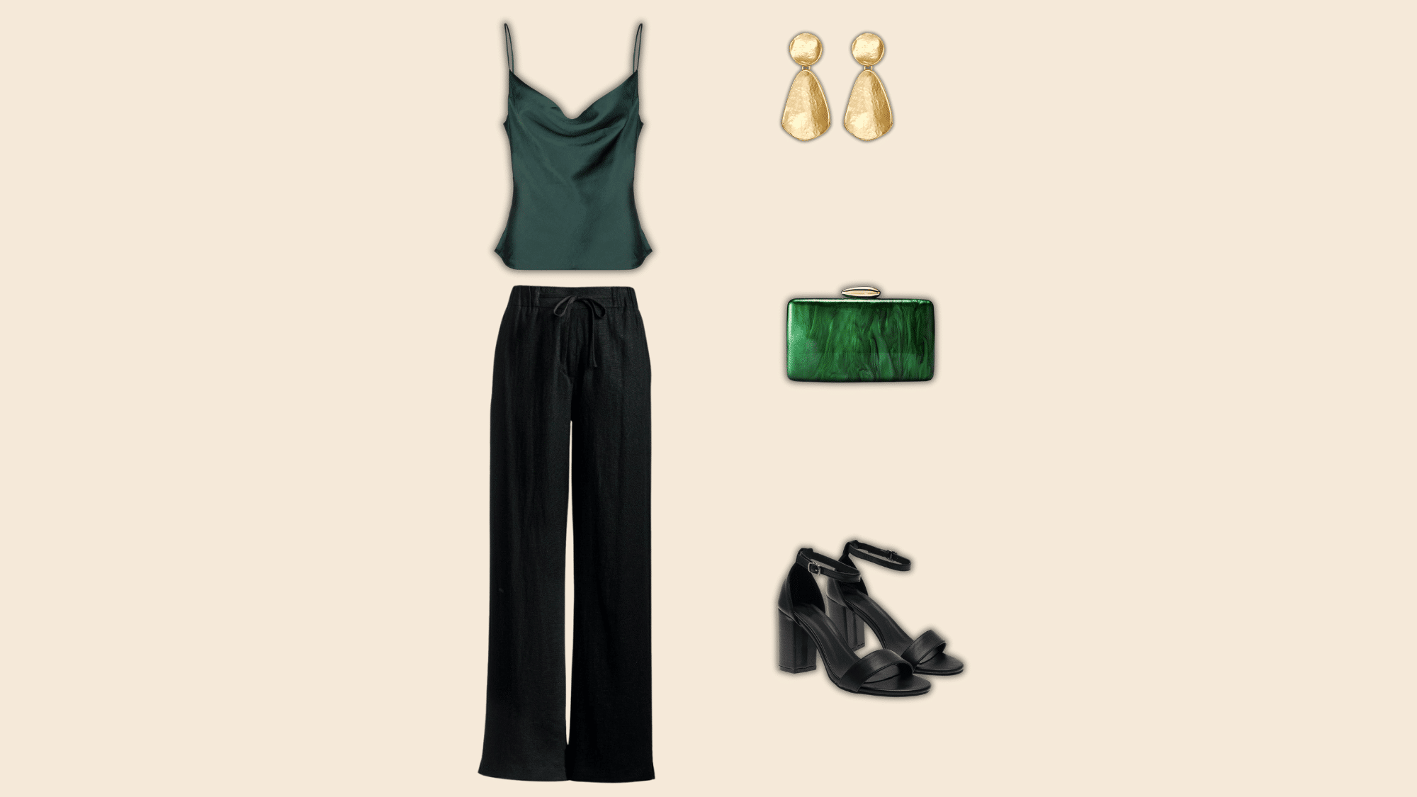 black linen pants with satin top and heels