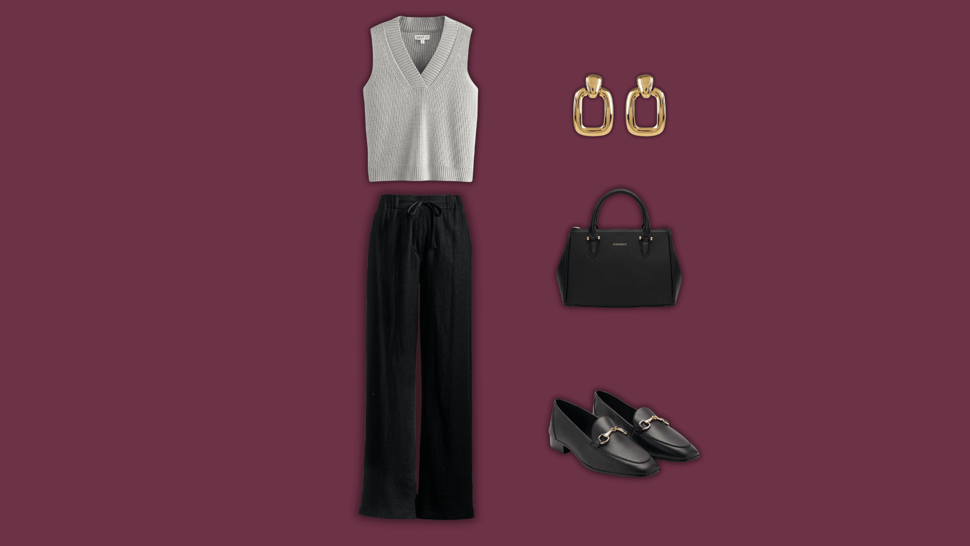black linen pants with gray knit vest and loafers