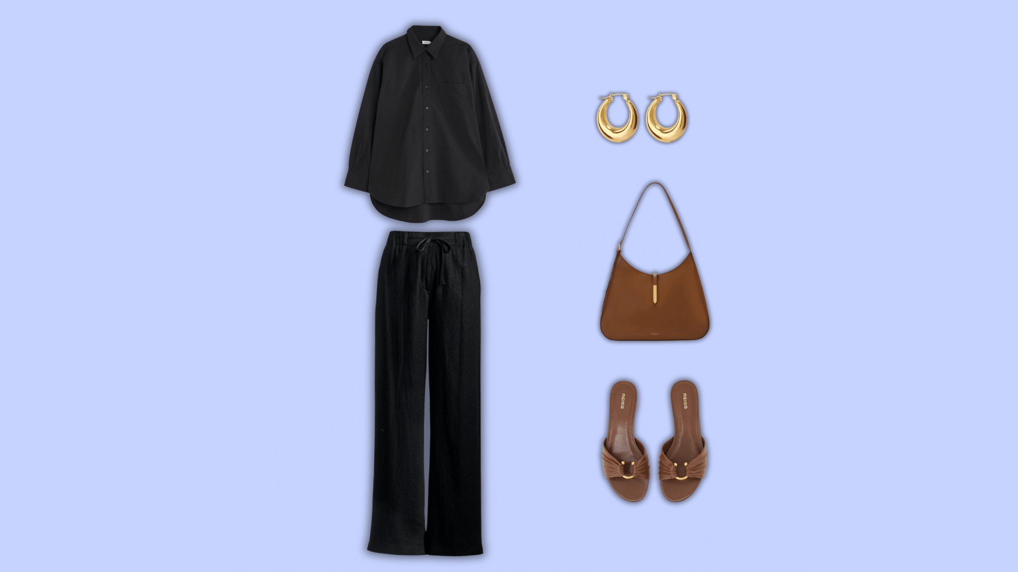 black linen pants with black shirt and brown accessories