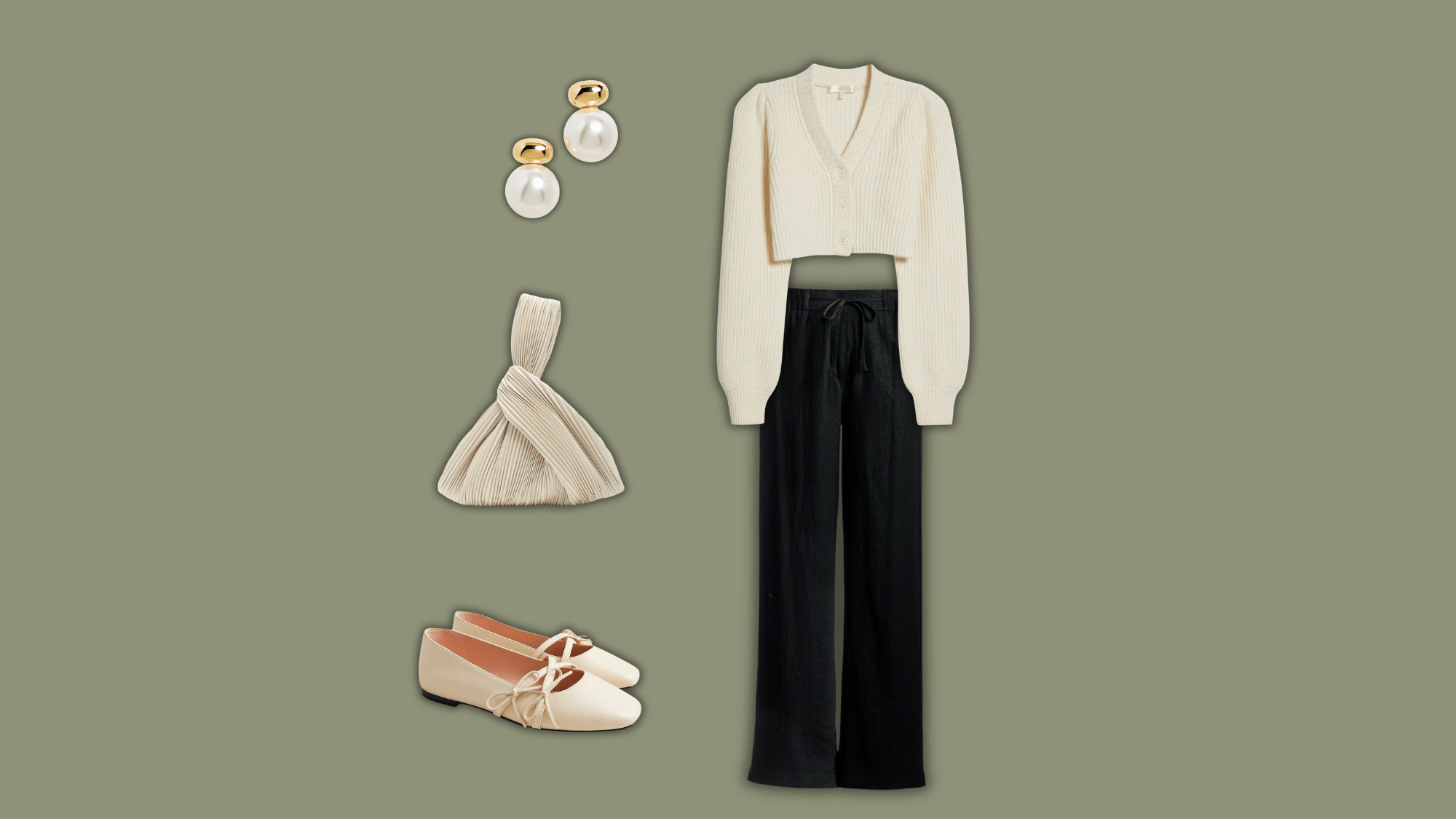 black linen pants with cream cardigan and flats