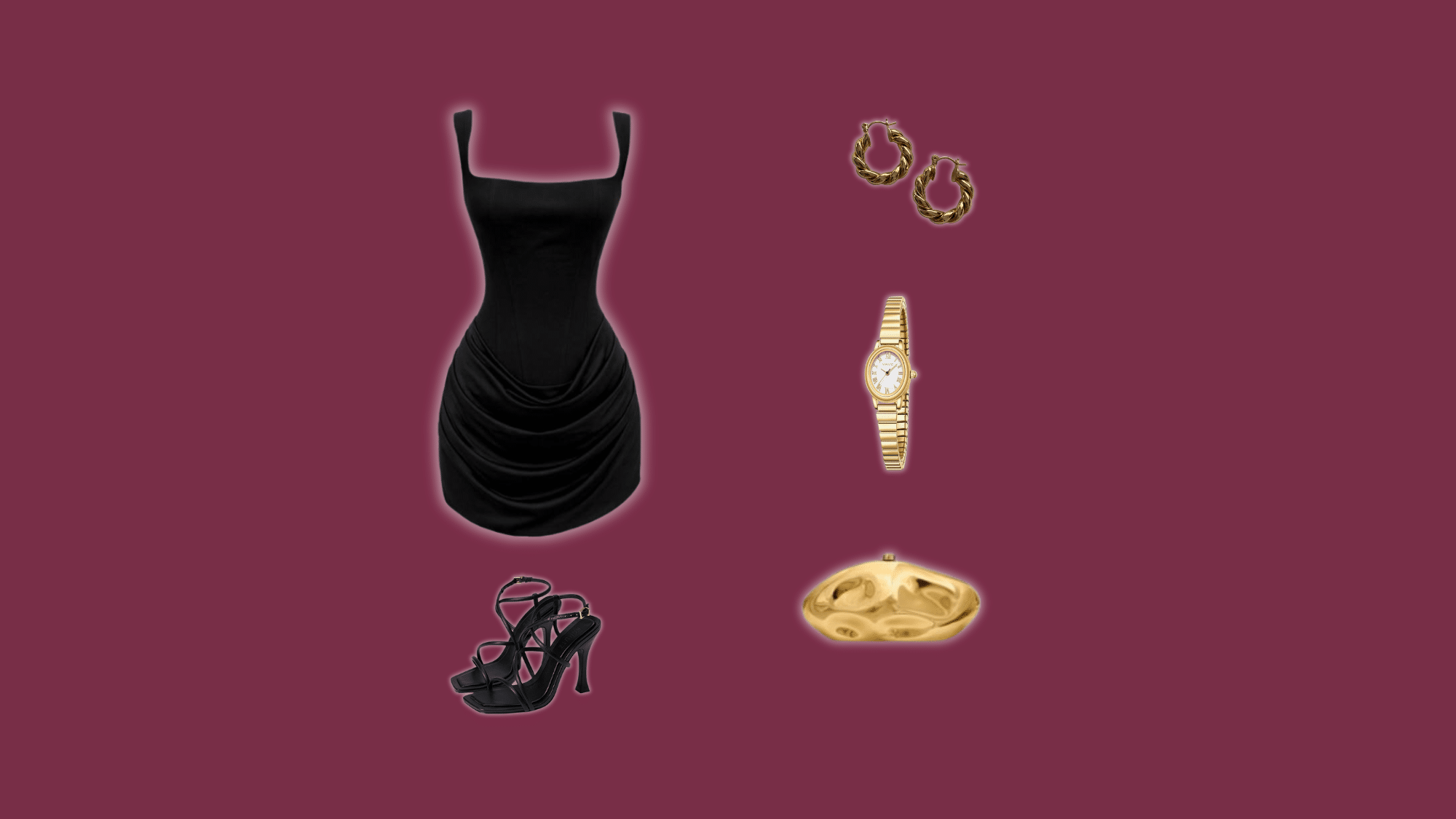 black mini dress with gold accessories and heels