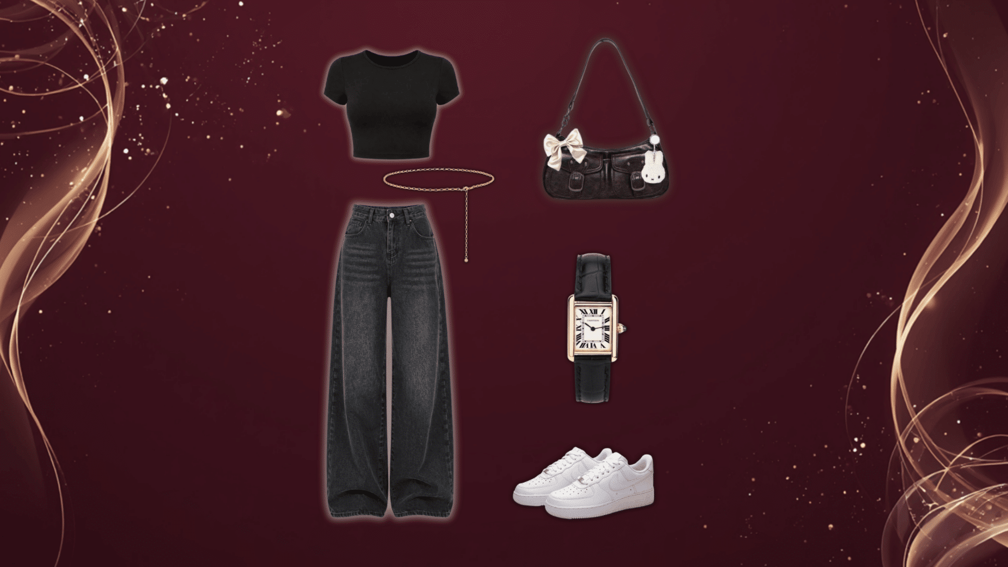 black outfit with wide leg jeans gold chain belt and minimal accessories styled in street fashion aesthetic