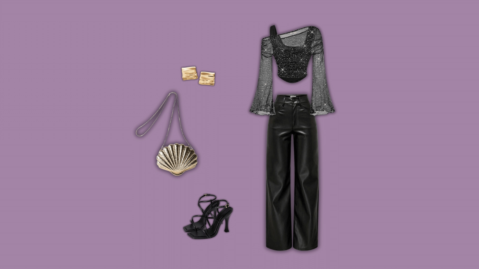 black sequin top with leather pants and platform heels