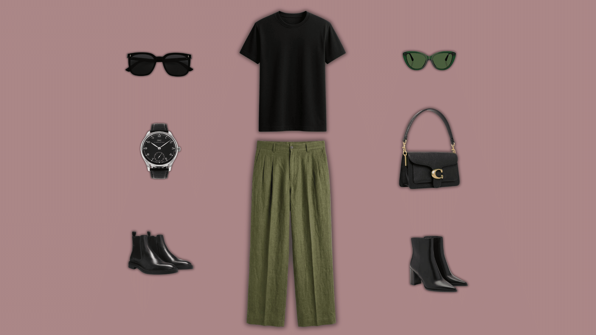 black shirt olive wide leg pants with sleek accessories