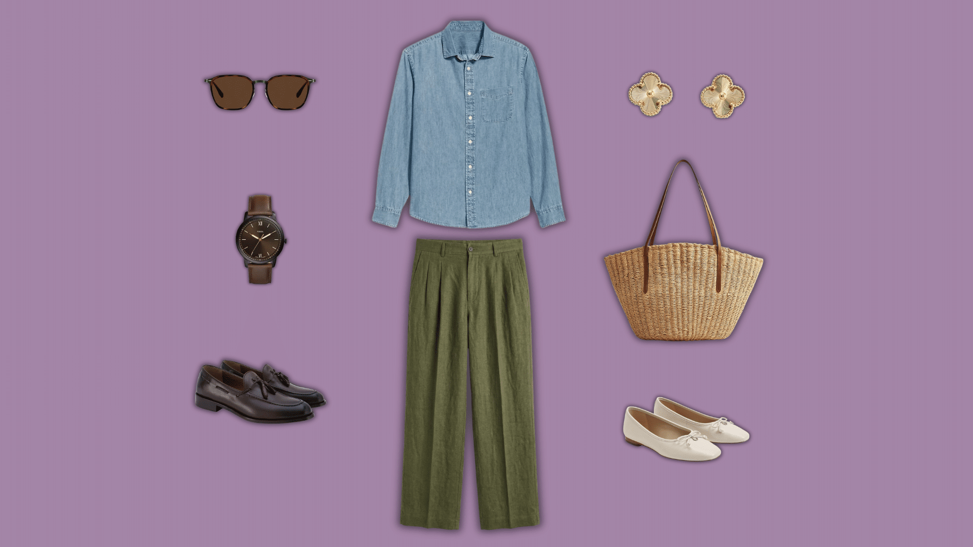 light blue shirt olive trousers with woven spring accessories
