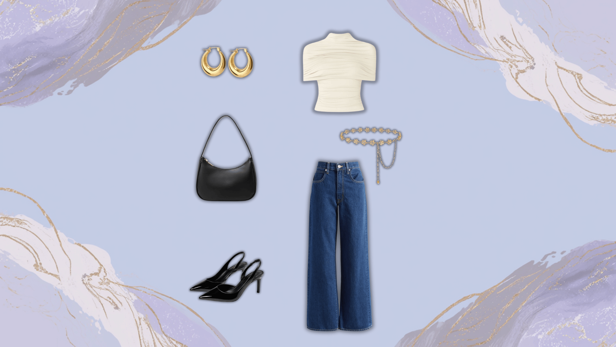 blue toned outfit with straight jeans and gold chain belt styled in chic minimal fashion editorial look