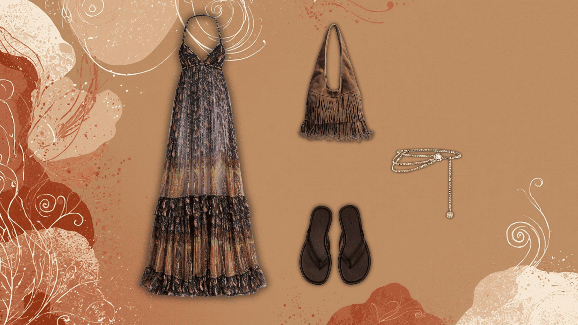 boho layered maxi dress with chain belt styled in vintage inspired relaxed fashion aesthetic look