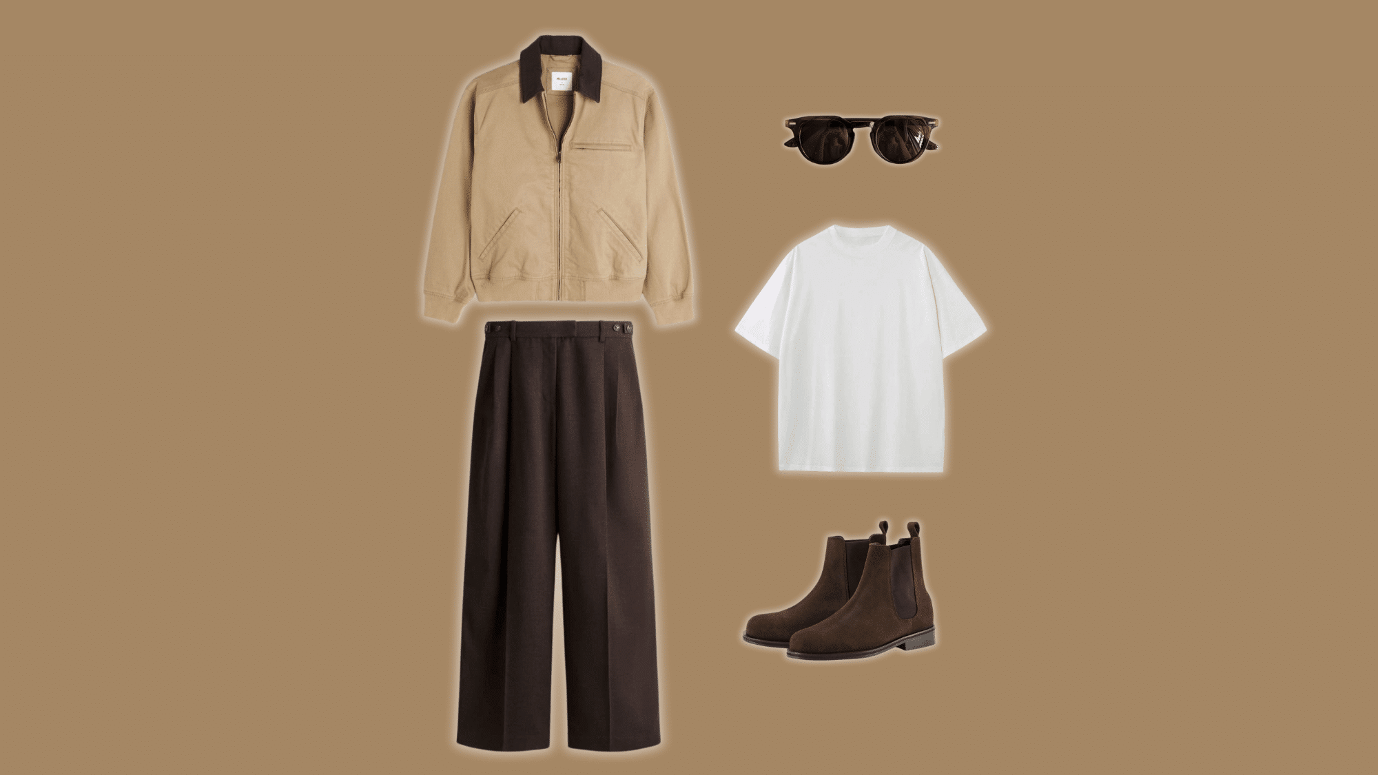 bomber jacket over basic t-shirt with clean fit brown pants and Chelsea boots