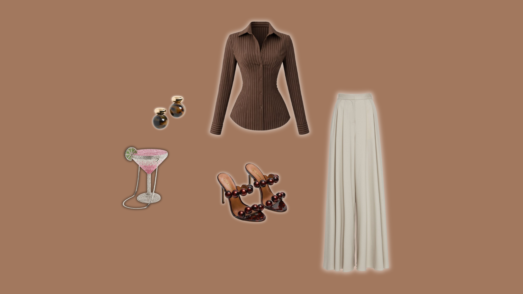 brown knit top with cream wide leg skirt and heels