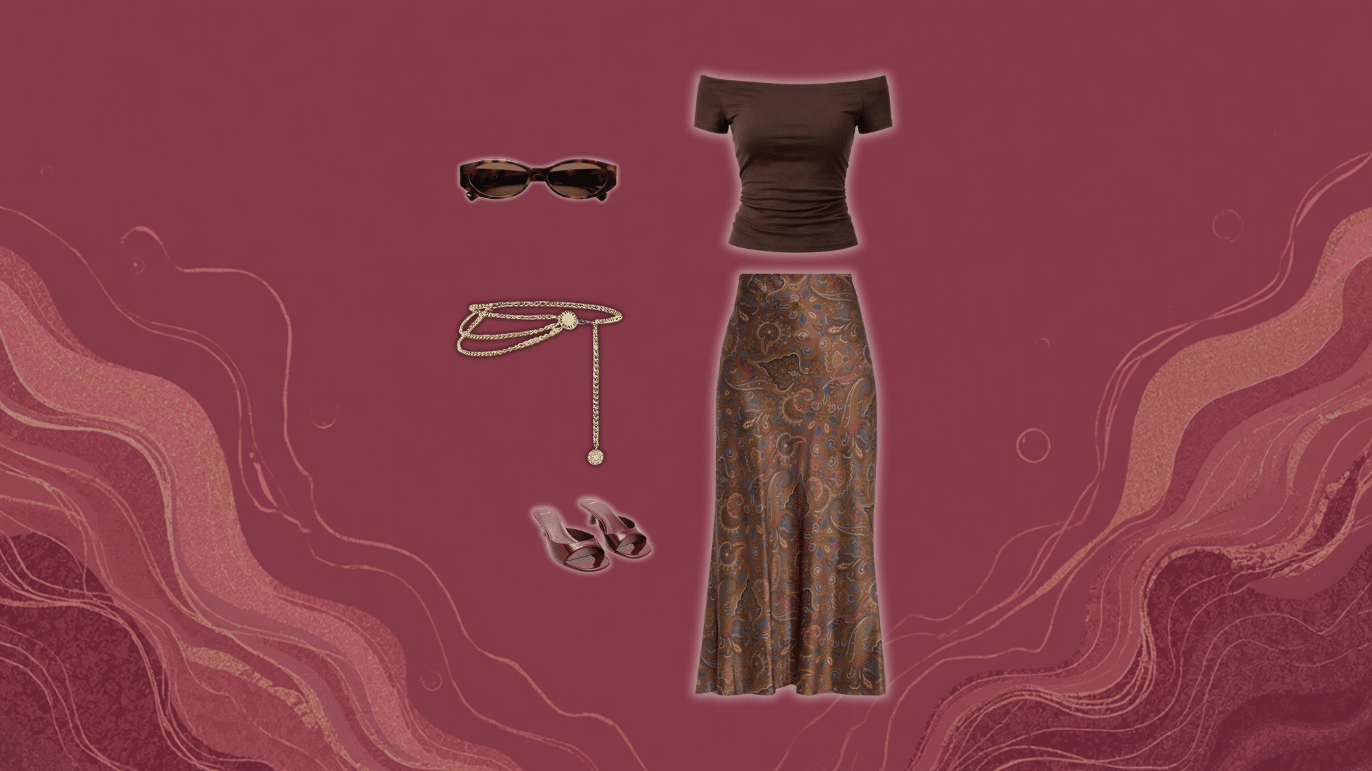 brown outfit with patterned skirt and gold chain belt styled in earthy boho fashion aesthetic look