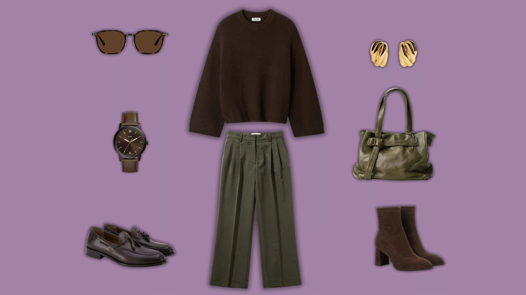 brown sweater olive trousers with earthy leather accessories