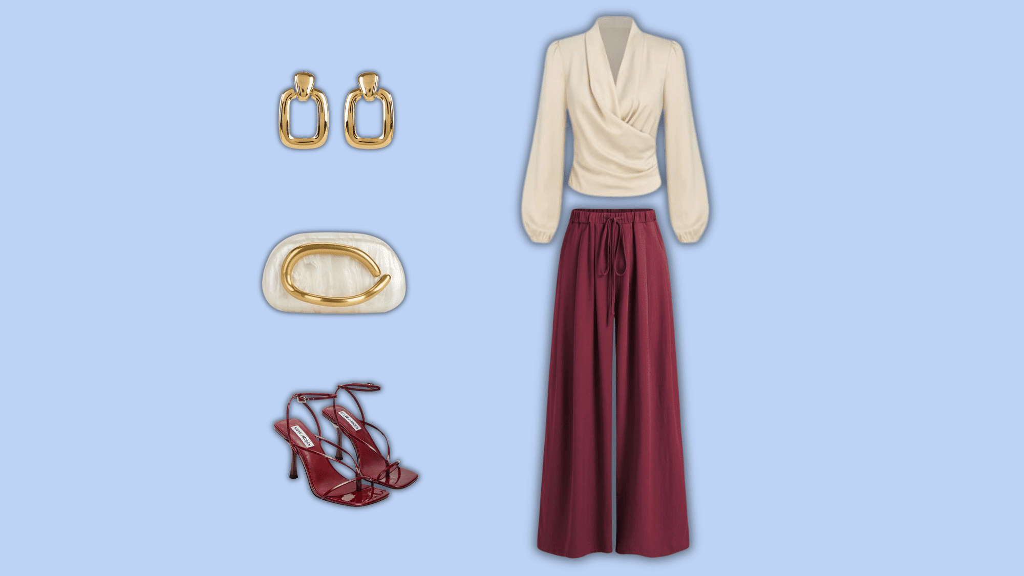 burgundy linen pants with wrap blouse and strappy heels