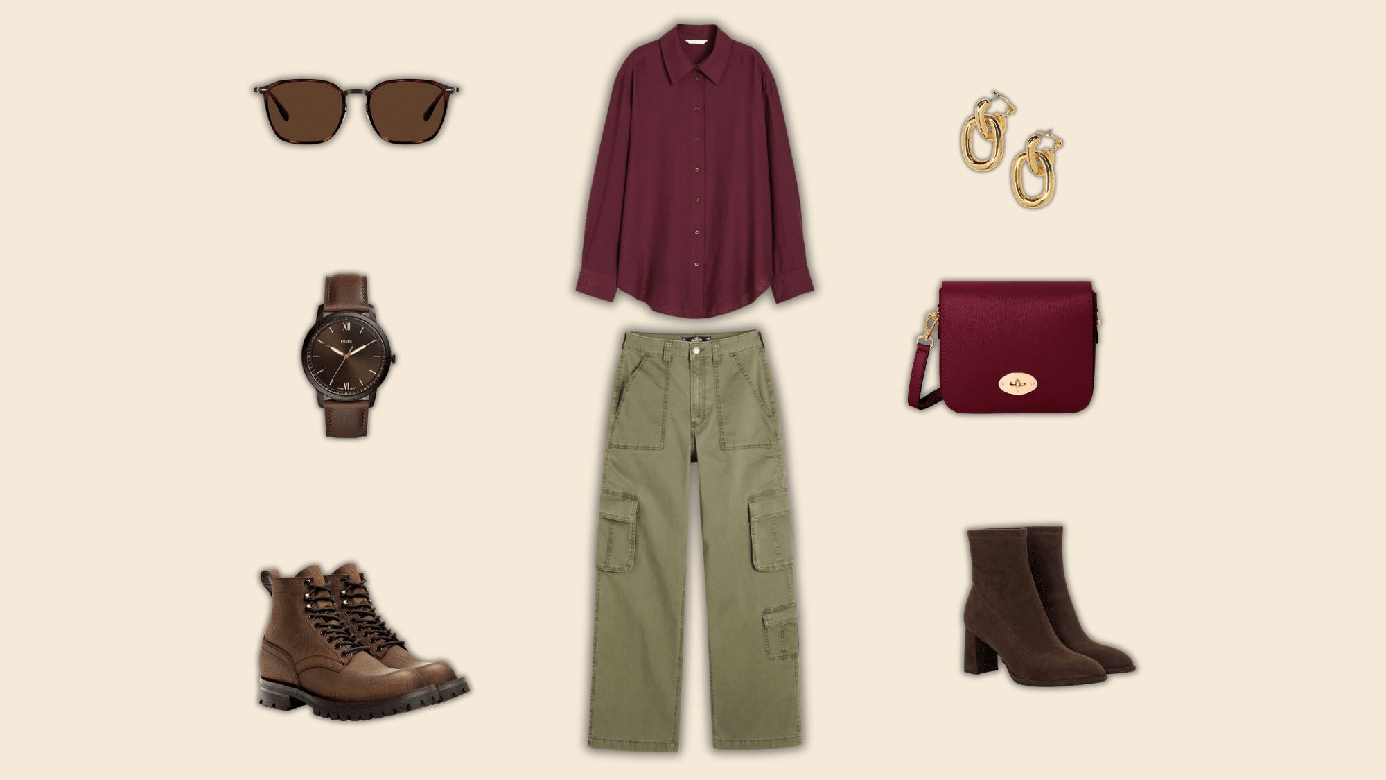 burgundy shirt olive cargo pants with brown fall accessories