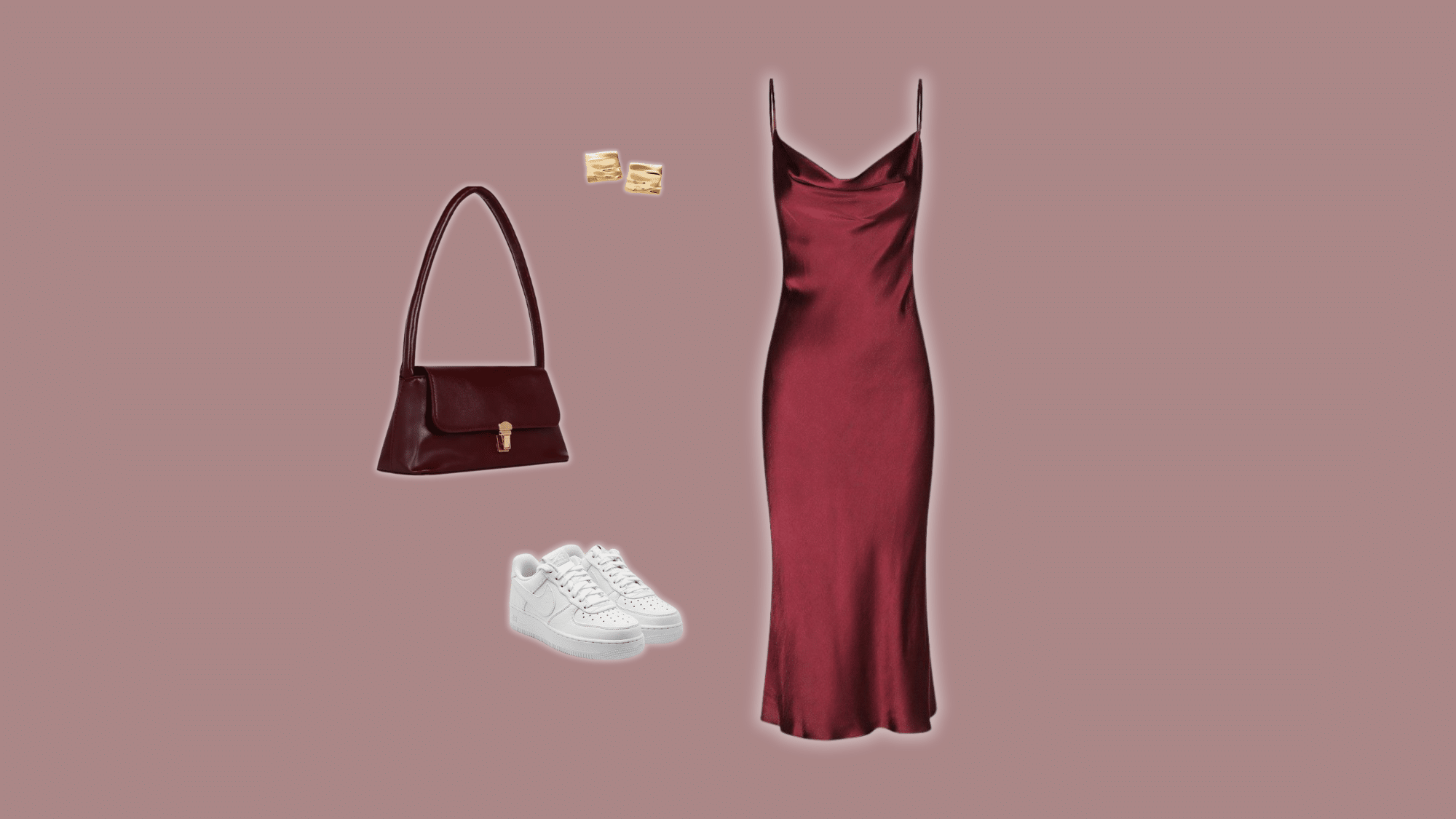 burgundy slip dress with white sneakers and shoulder bag