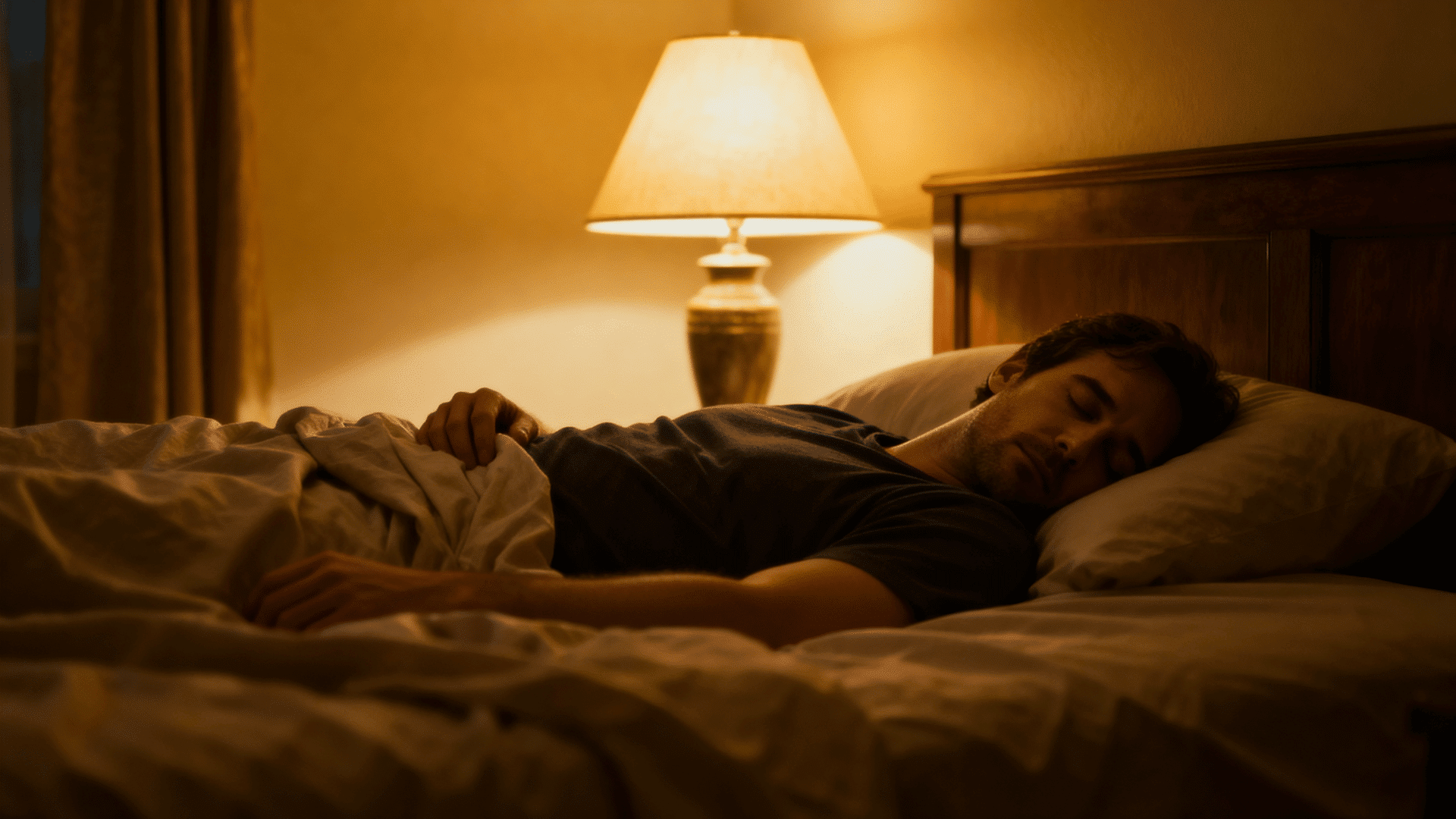 man sleeping comfortably in bed at night as part of a healthy sleep routine