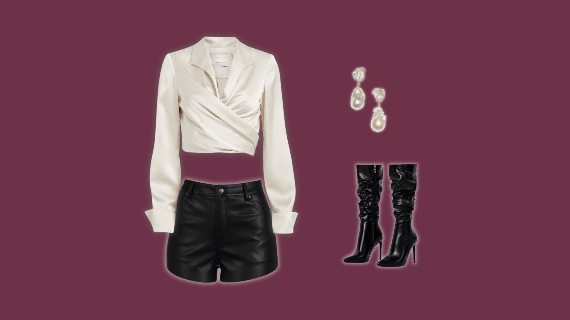 cream blouse with black leather shorts and tall boots