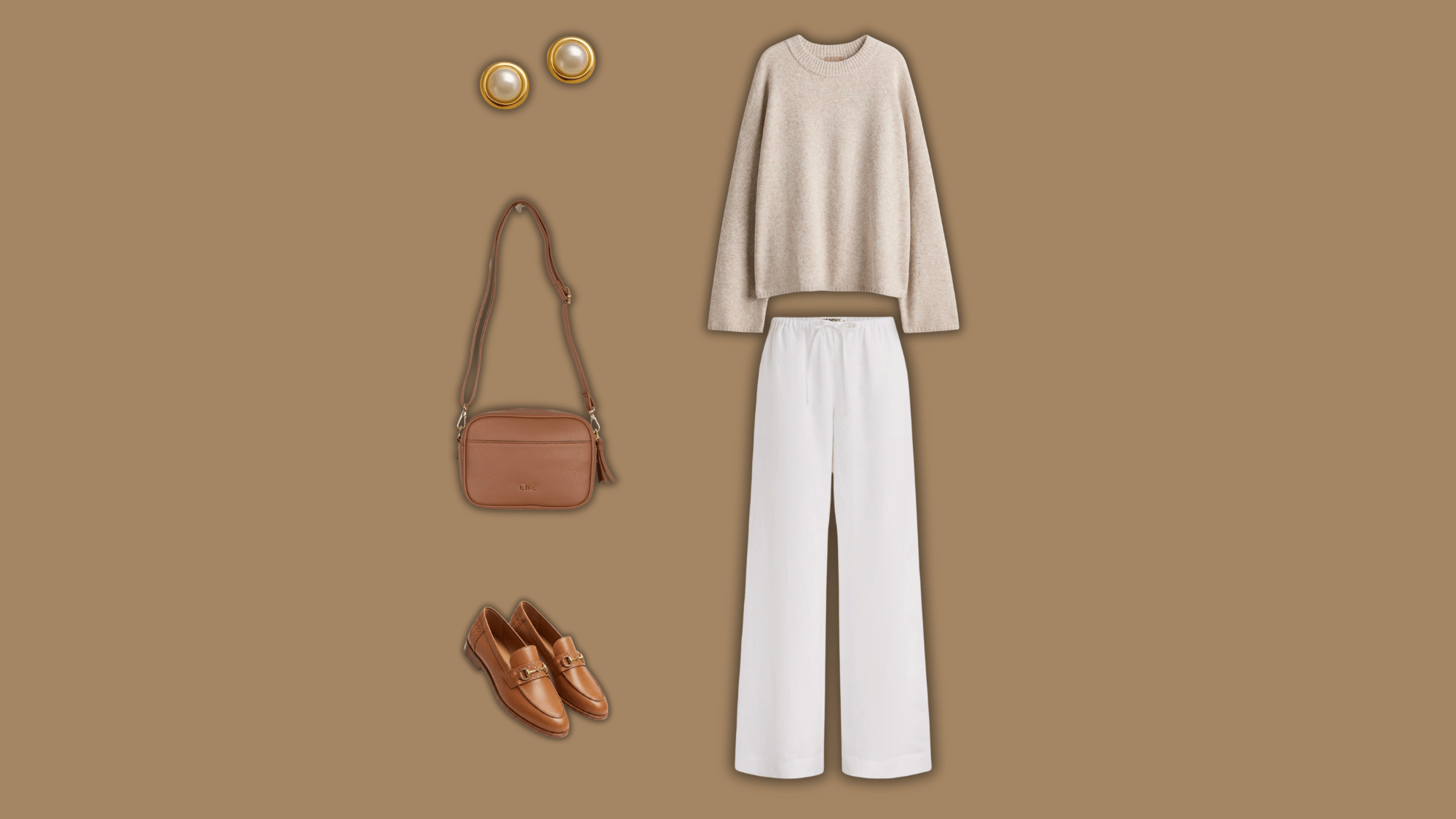 white linen pants with cream sweater and brown accessories