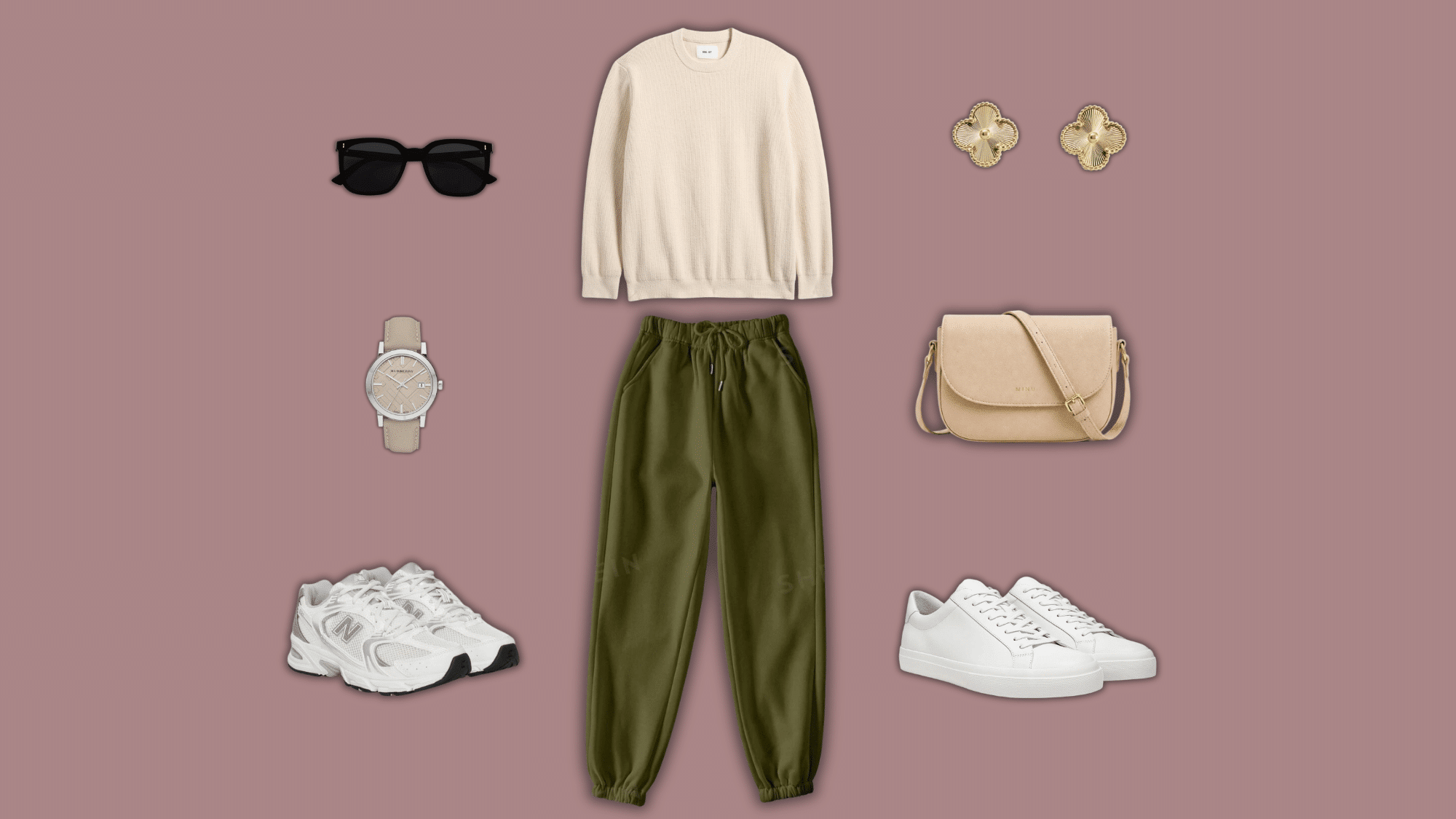 cream sweater olive joggers with white minimalist accessories
