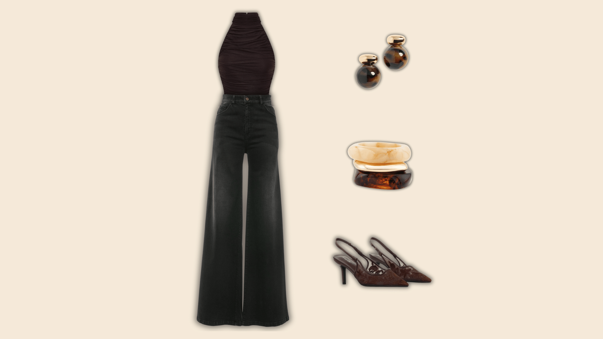 dark bodysuit with black wide leg jeans and heels