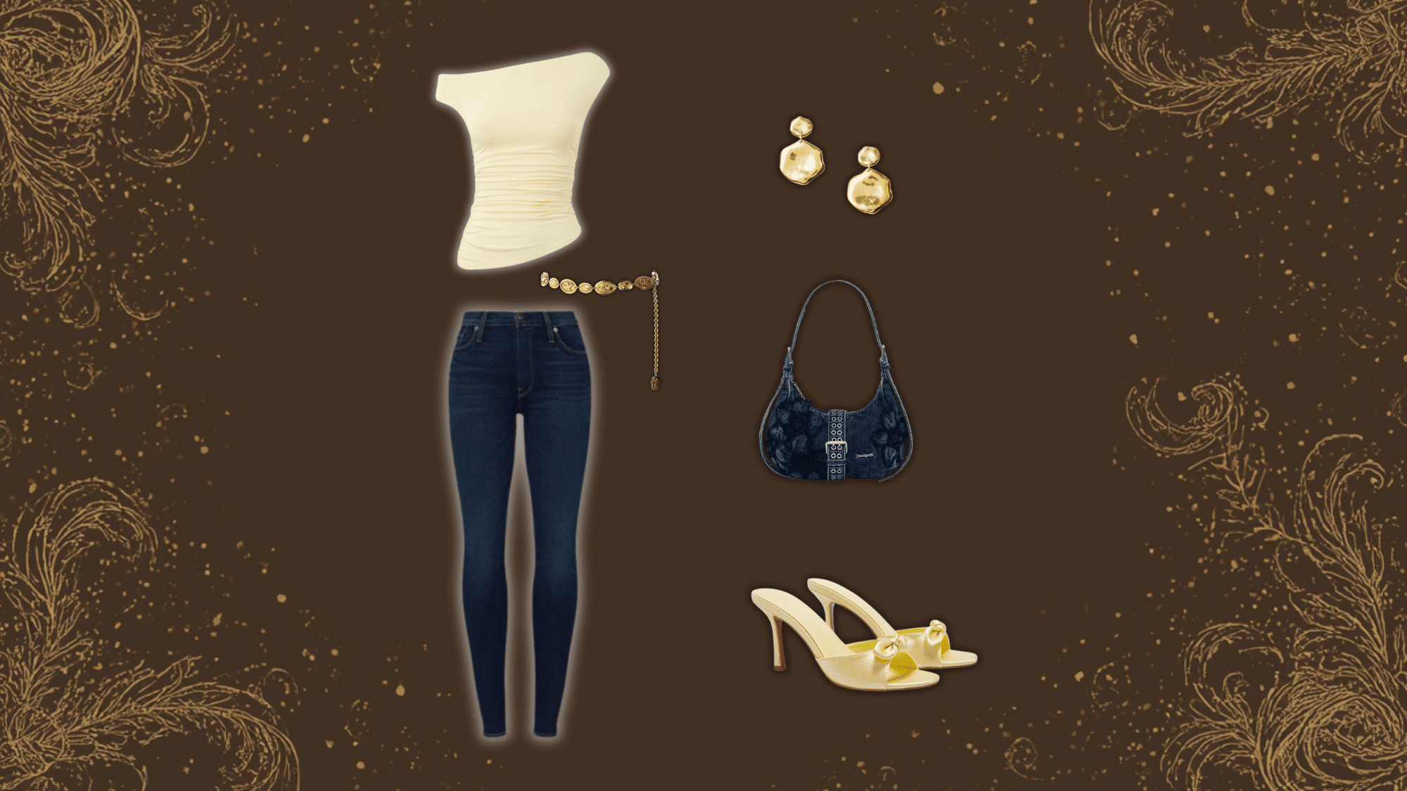 dark brown aesthetic outfit with skinny jeans and gold chain belt styled in elegant street fashion mood