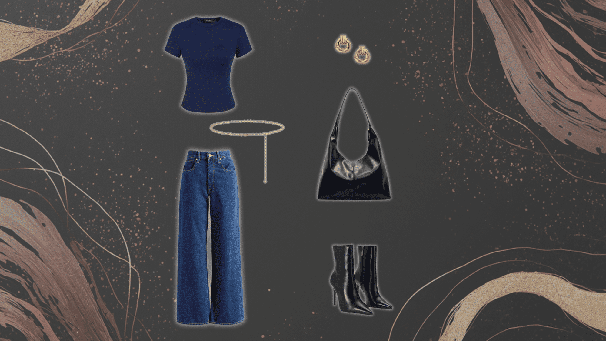 dark grey outfit with straight jeans black top and gold chain belt styled in minimal urban fashion look